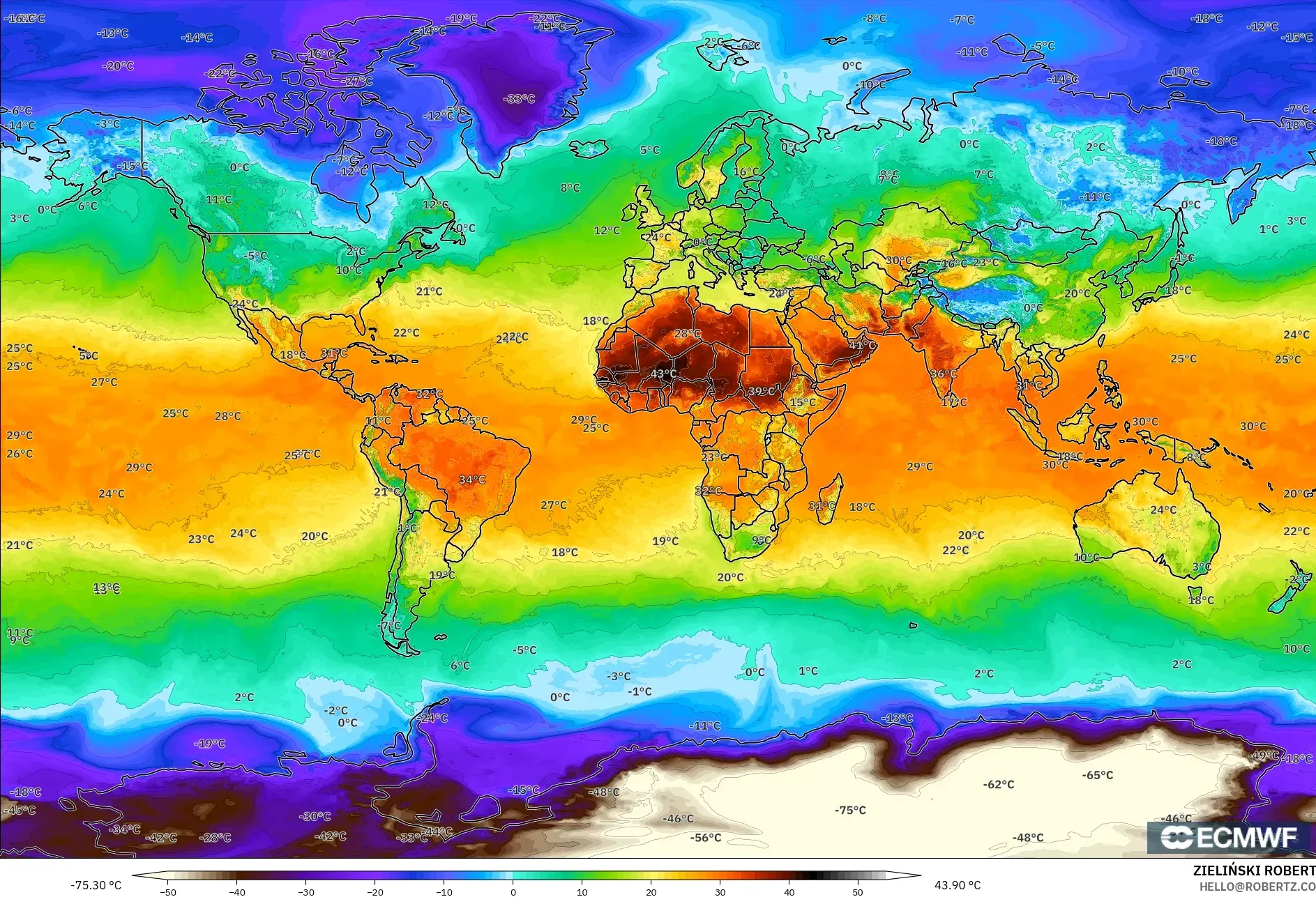 ECMWF IFS 0.25° モデル - 世界, 気温（2m）