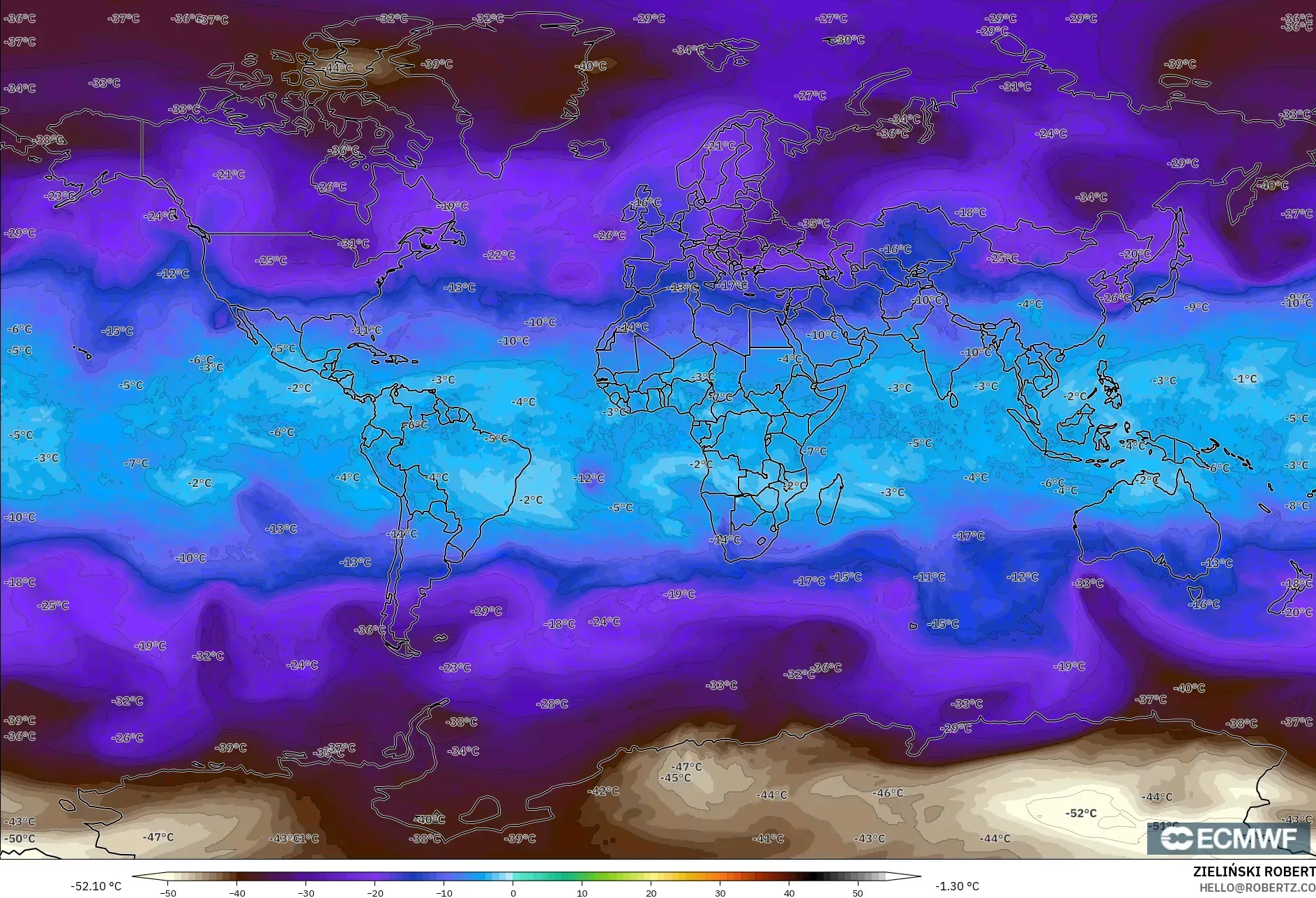 ECMWF IFS 0.25° モデル - 世界, 気温（500hPa）
