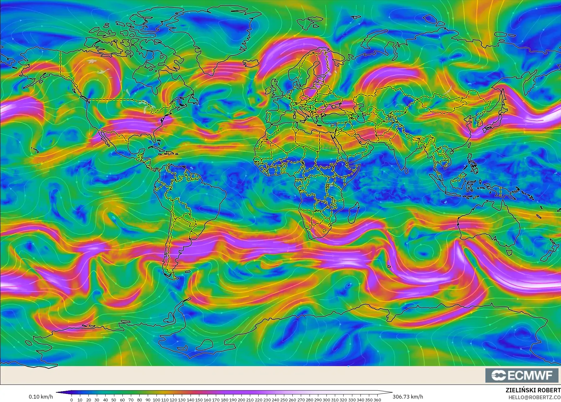 ECMWF IFS 0.25° モデル - 世界, 風速（300hPa）