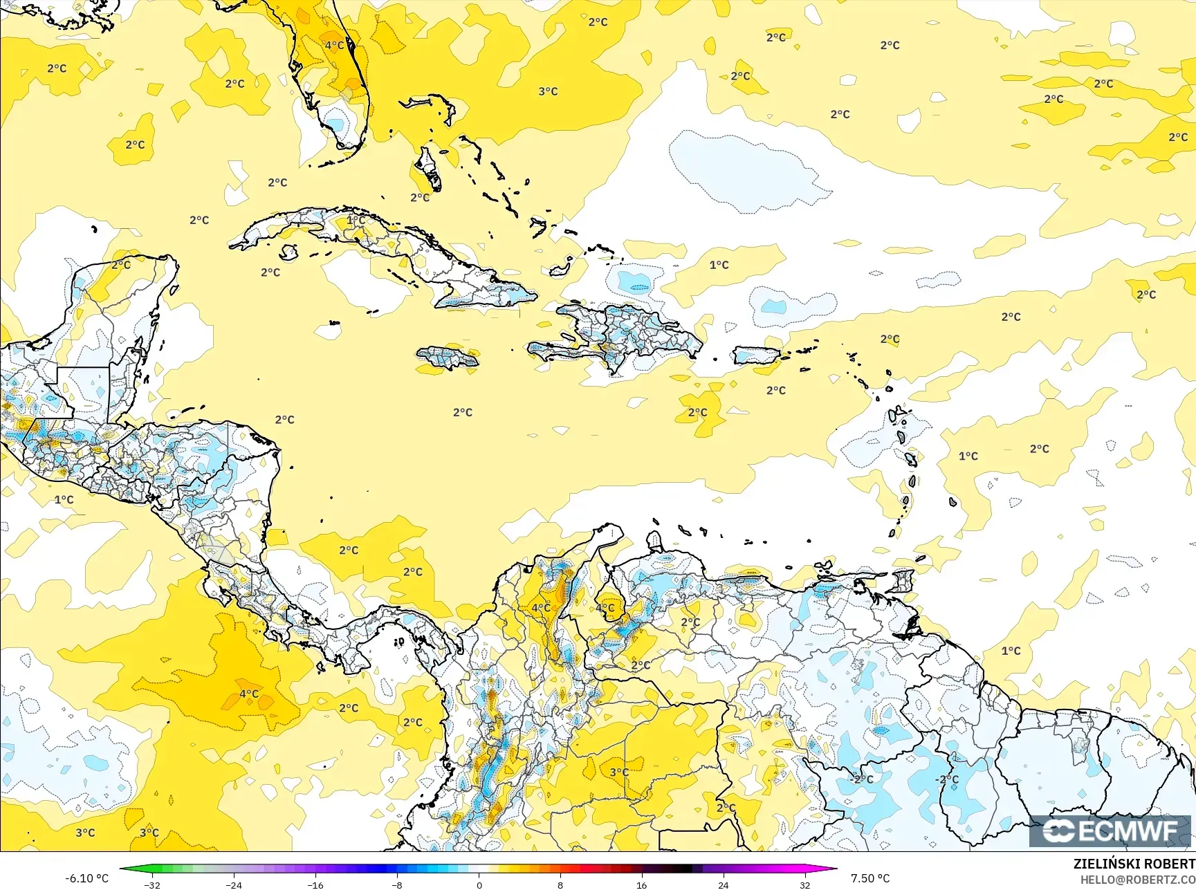 ECMWF IFS 0.25° モデル - カリブ海, 気温異常（2m）