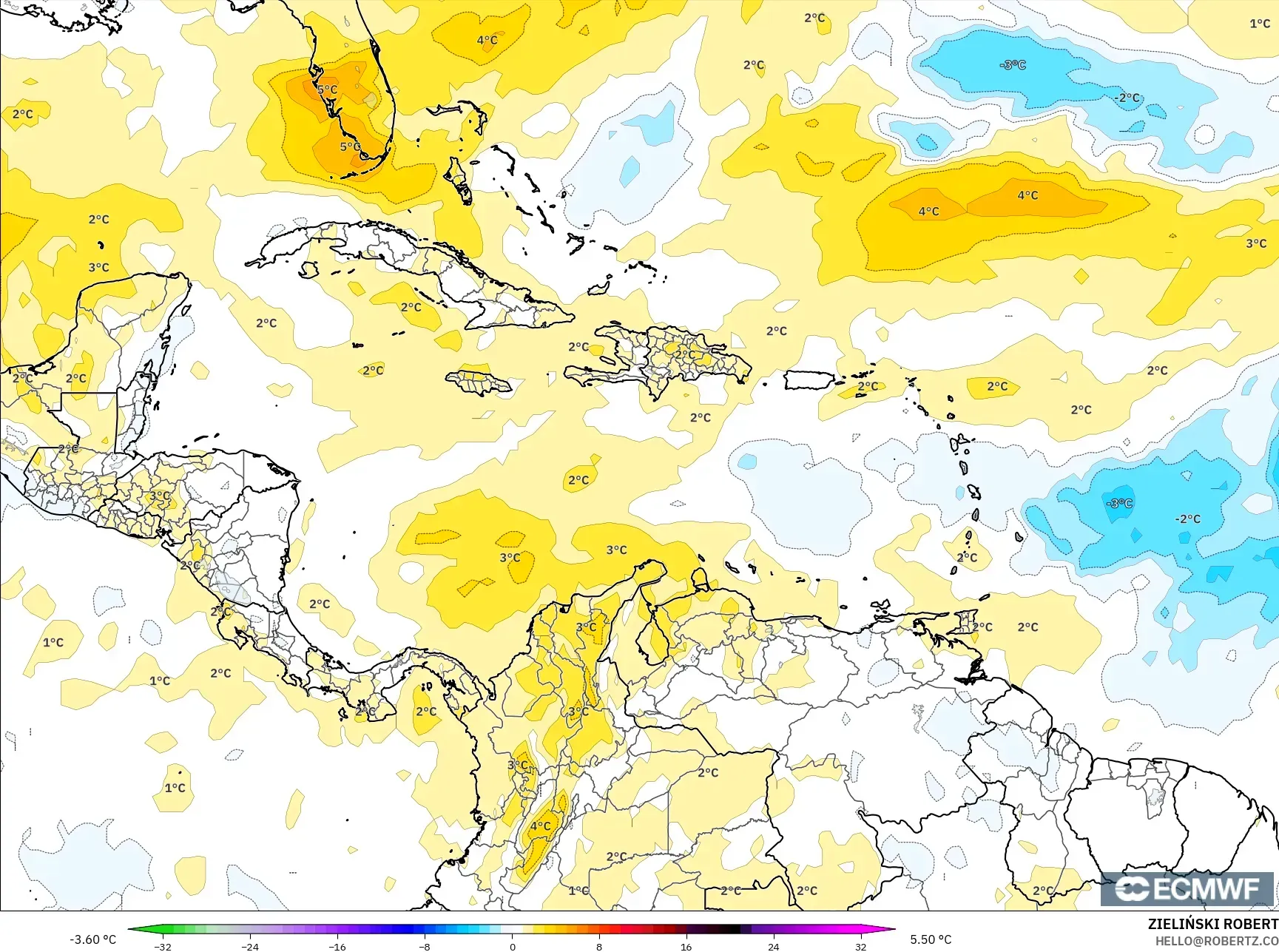 ECMWF IFS 0.25° モデル - カリブ海, 気温異常（850hPa）