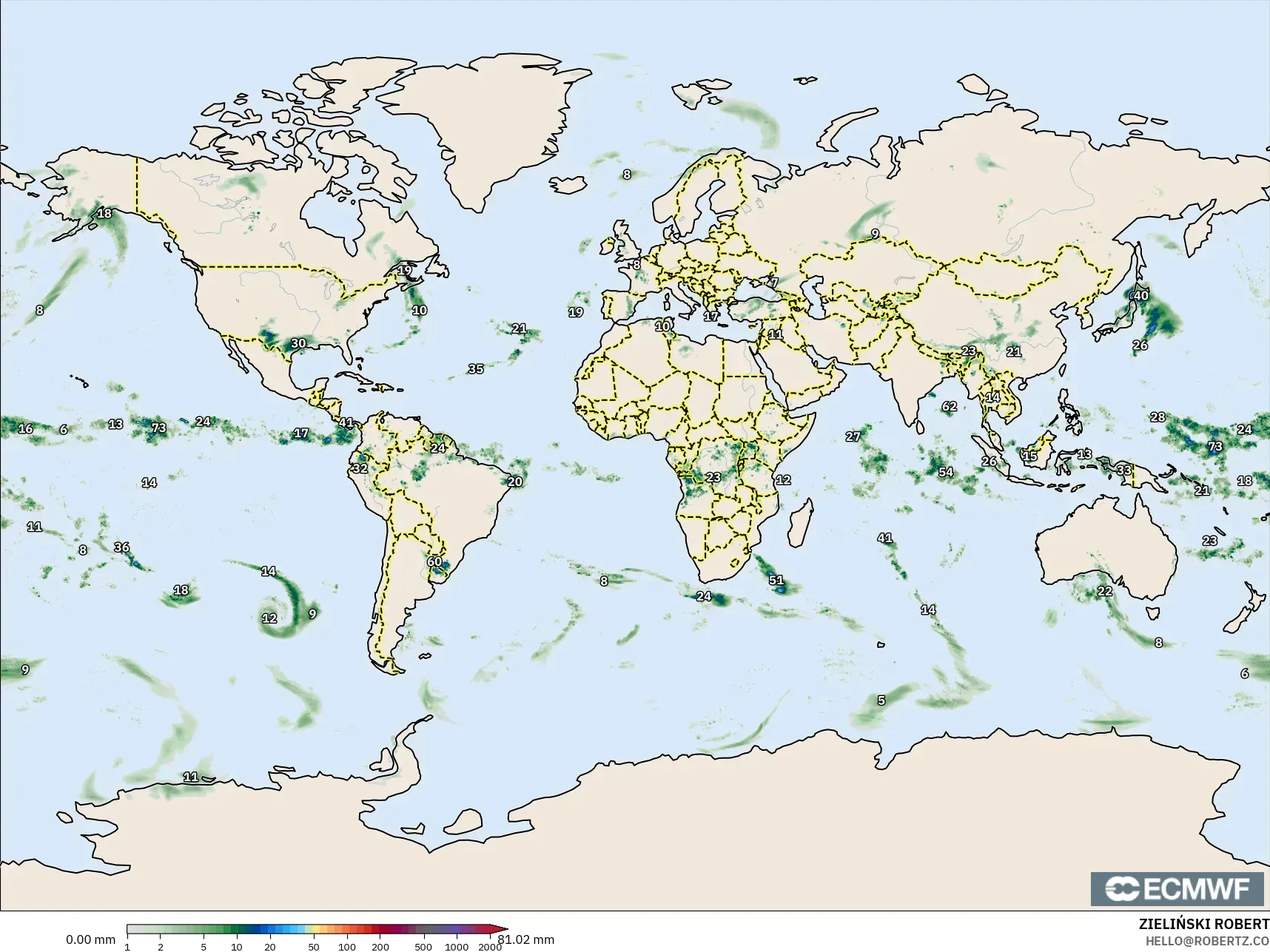 ECMWF IFS 0.25° モデル - 世界, 降水量の合計