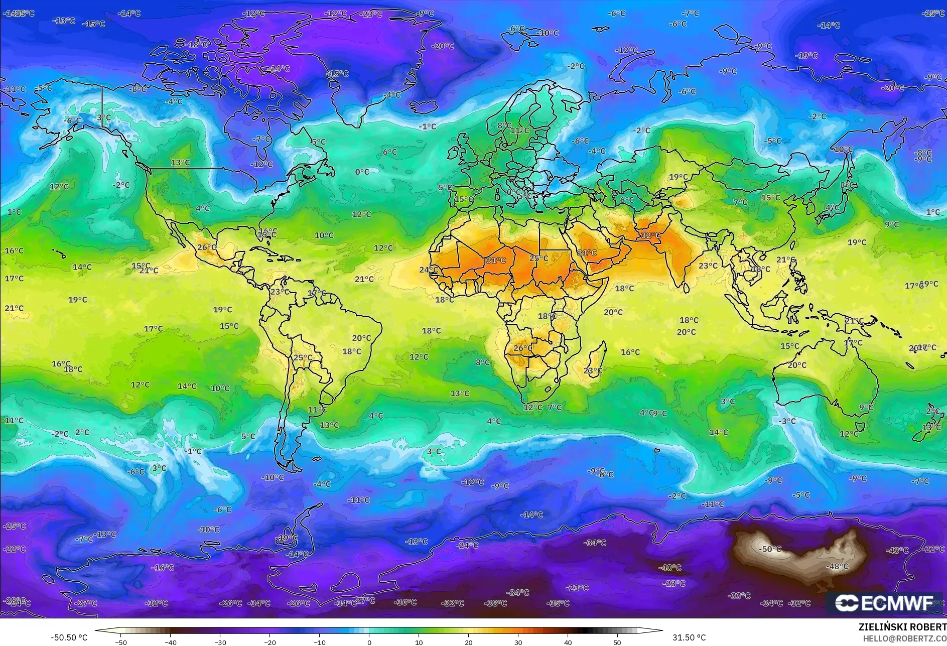 ECMWF IFS 0.25° モデル - 世界, 気温（850hPa）