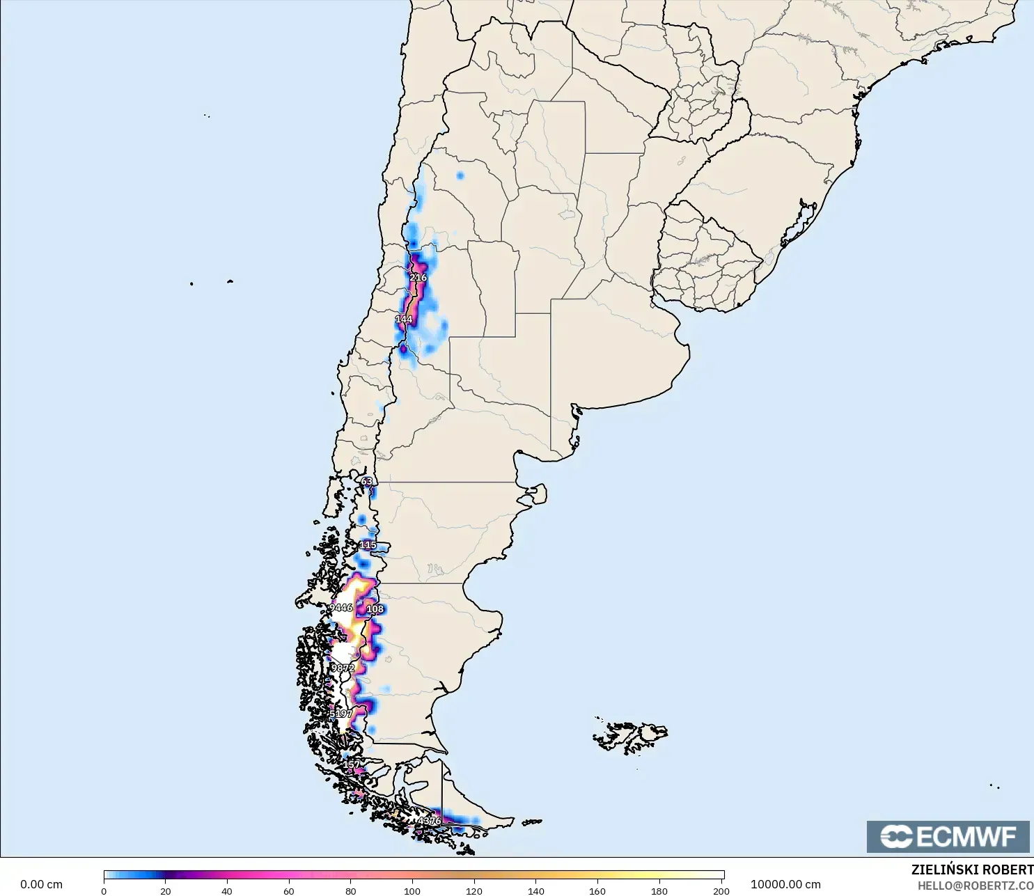 ECMWF IFS 0.25° モデル - アルゼンチン, 積雪深