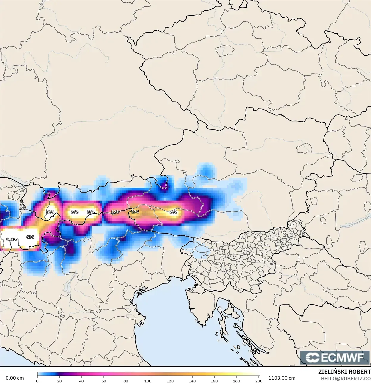 ECMWF IFS 0.25° モデル - オーストリア, 積雪深