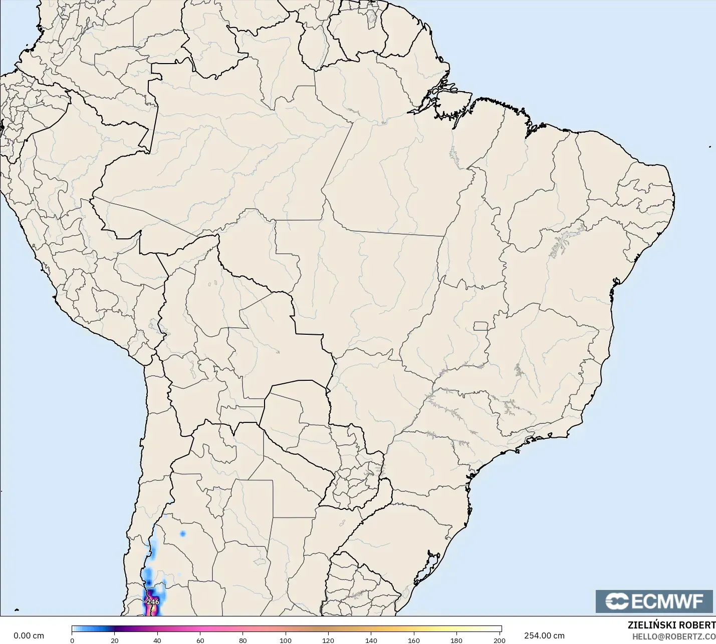 ECMWF IFS 0.25° モデル - ブラジル, 積雪深