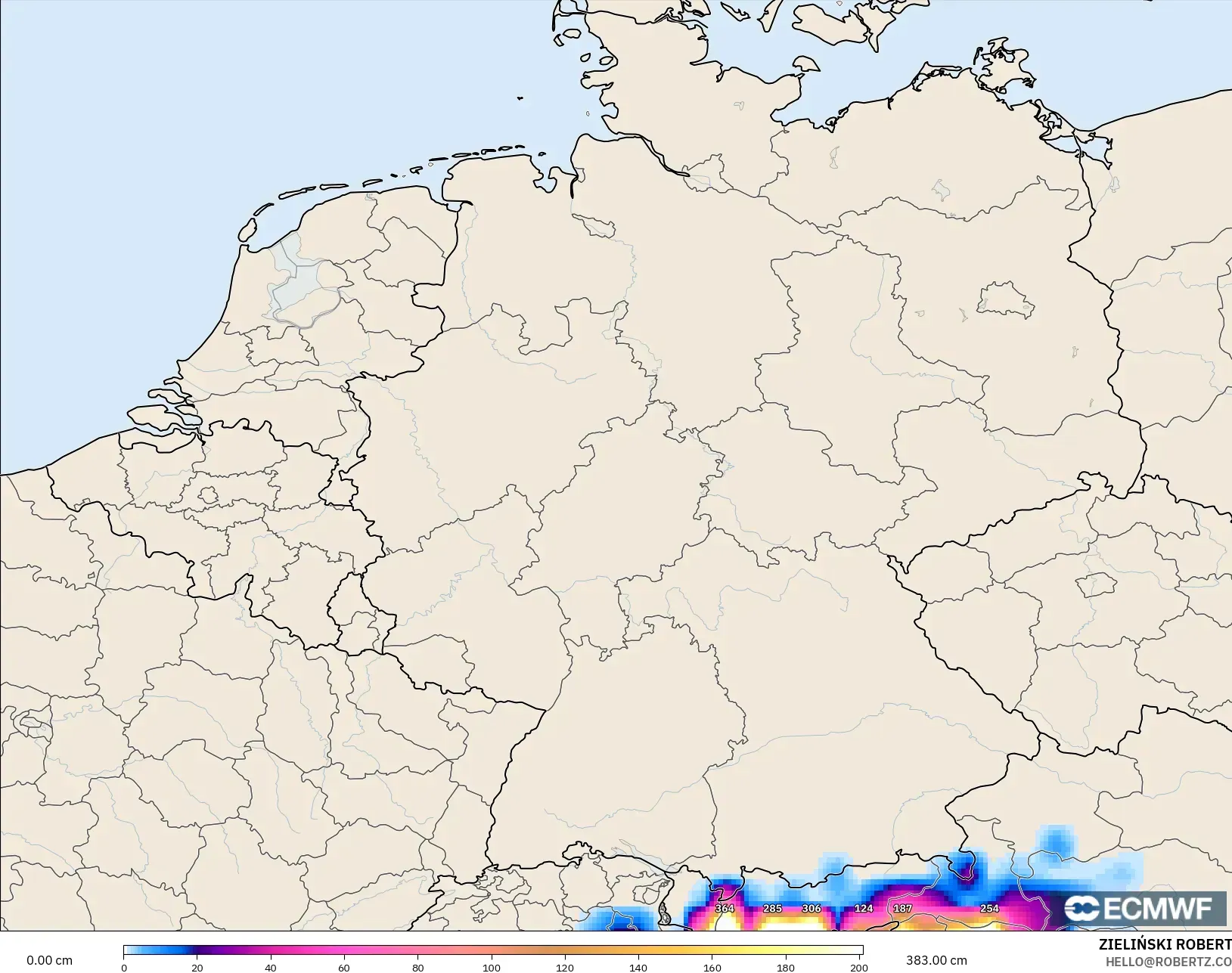 ECMWF IFS 0.25° モデル - ドイツ, 積雪深