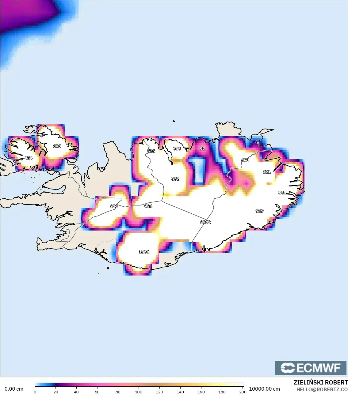 ECMWF IFS 0.25° モデル - アイスランド, 積雪深