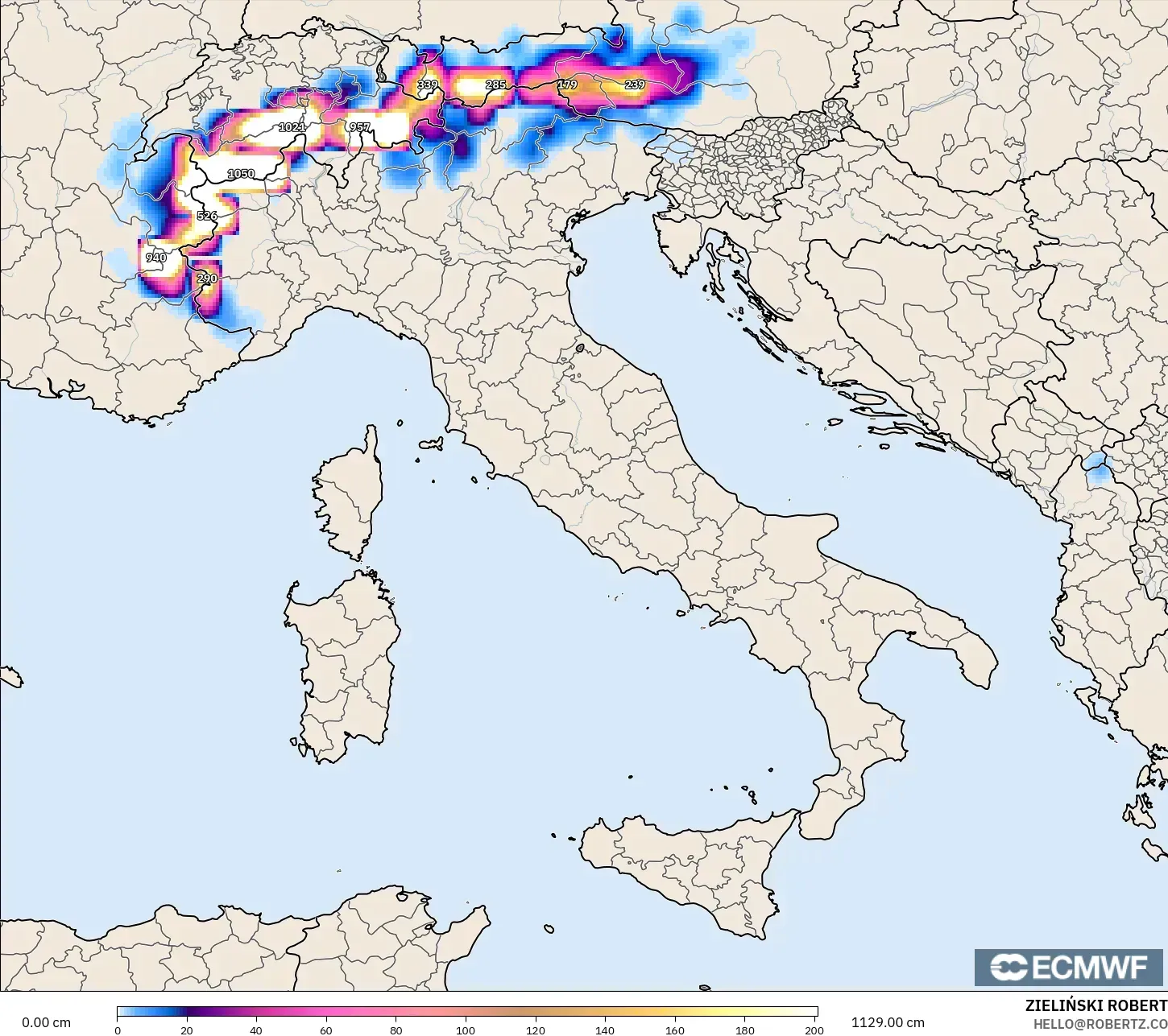 ECMWF IFS 0.25° モデル - イタリア, 積雪深