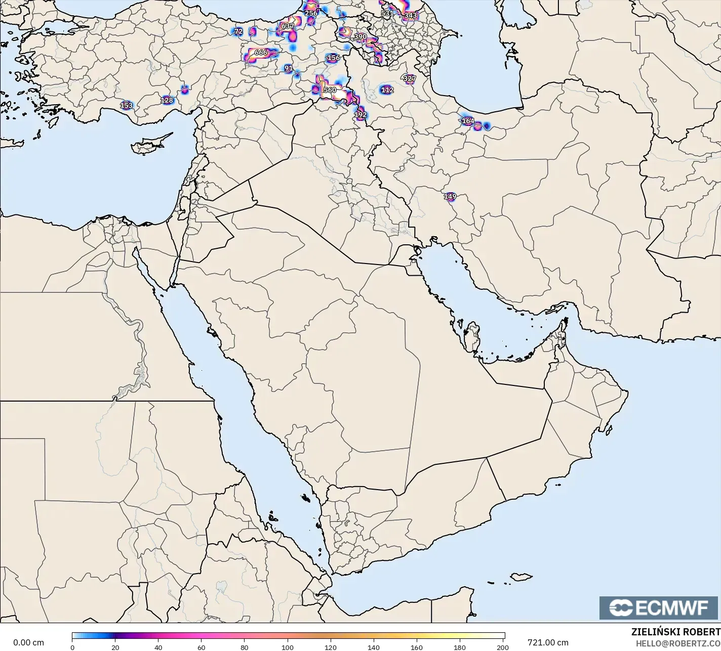 ECMWF IFS 0.25° モデル - 中東, 積雪深