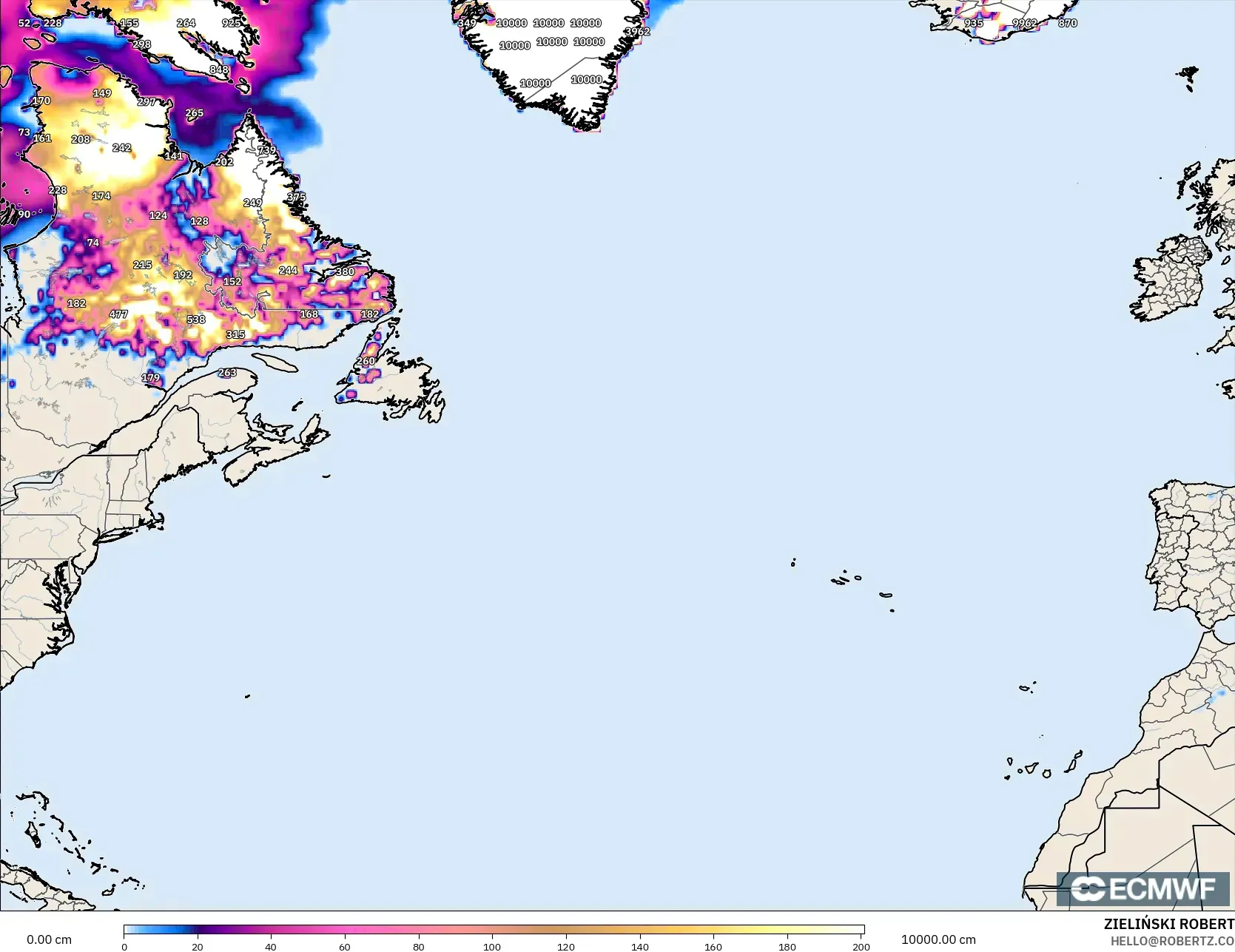 ECMWF IFS 0.25° モデル - 北大西洋, 積雪深