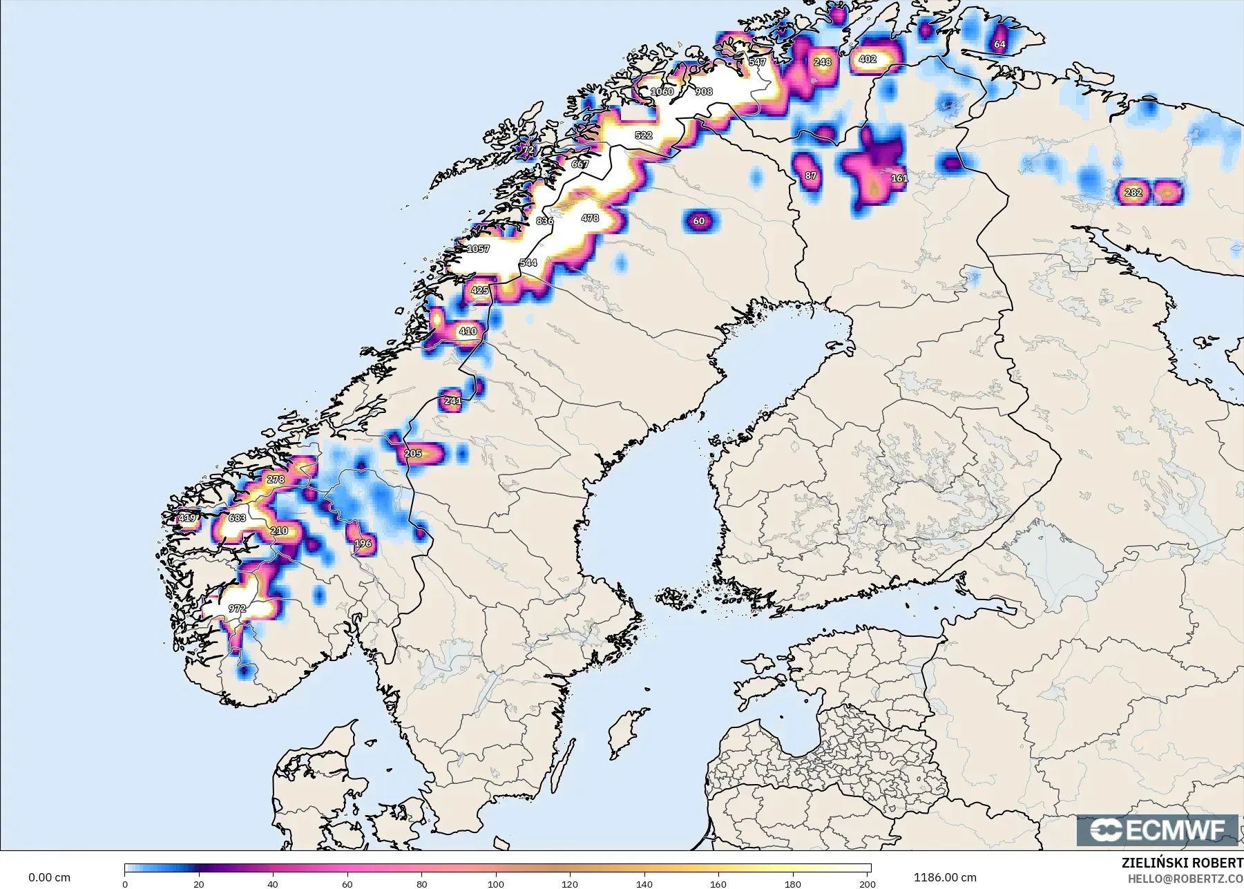 ECMWF IFS 0.25° モデル - スカンジナビア, 積雪深