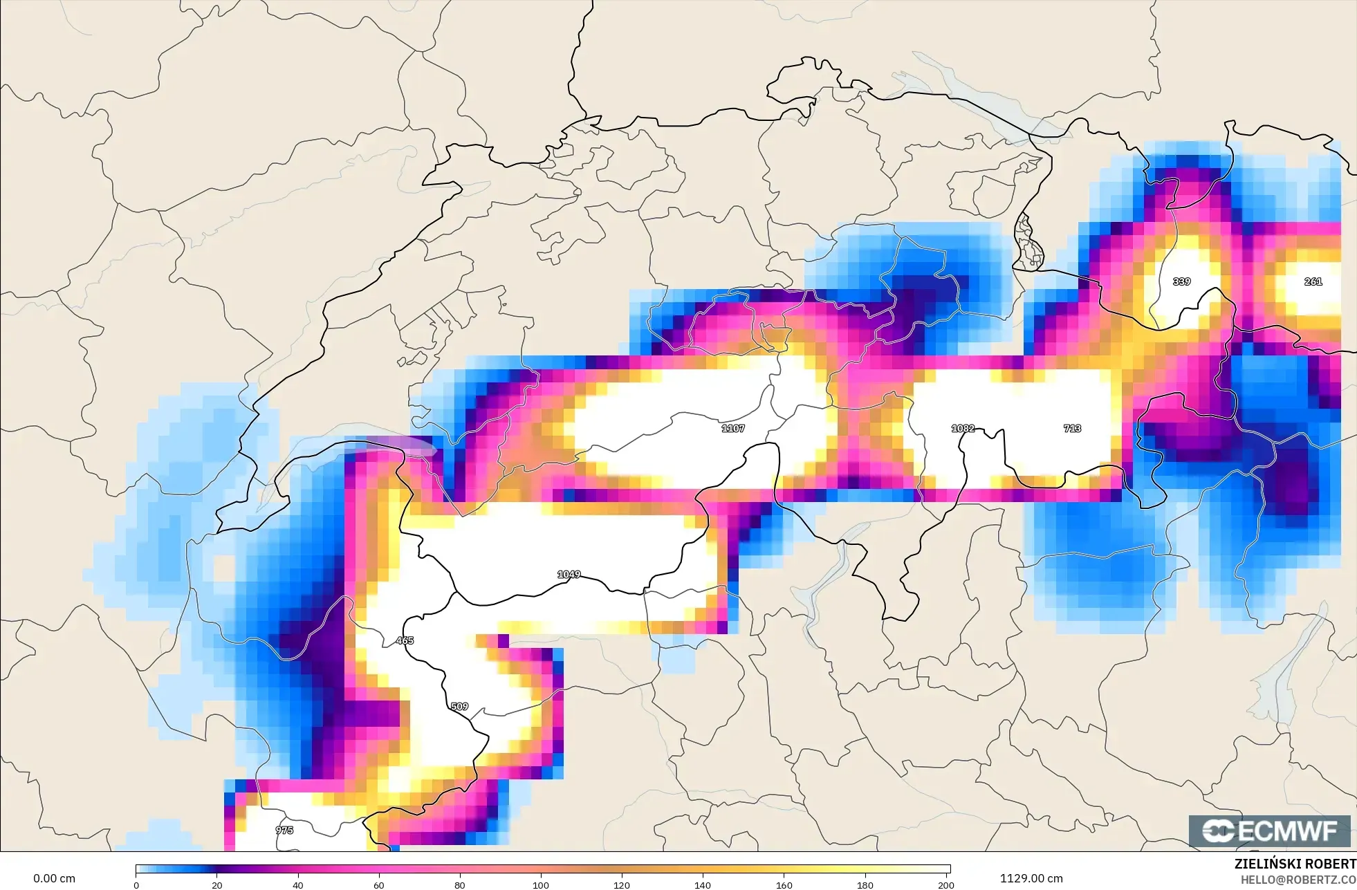 ECMWF IFS 0.25° モデル - スイス, 積雪深