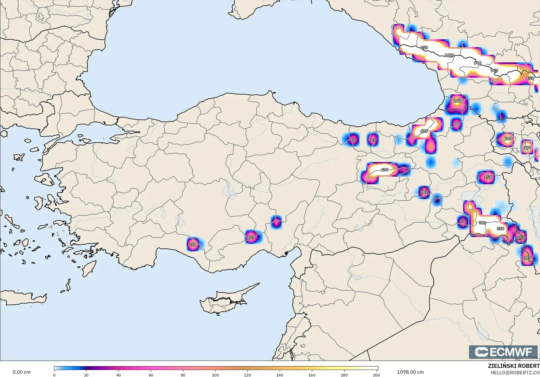ECMWF IFS 0.25° モデル - トルコ, 積雪深