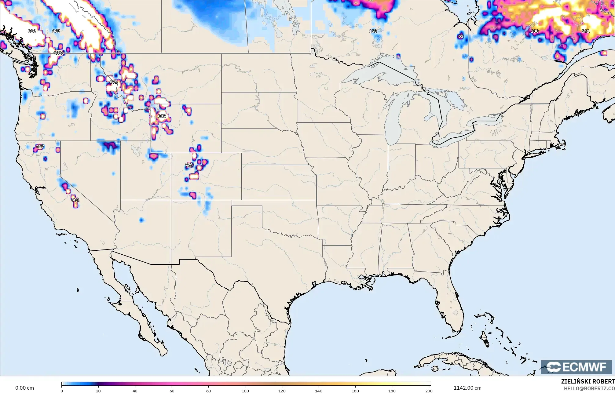 ECMWF IFS 0.25° モデル - アメリカ合衆国, 積雪深