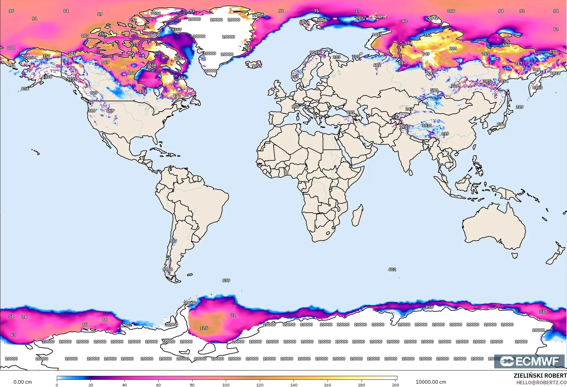 ECMWF IFS 0.25° モデル - 世界, 積雪深