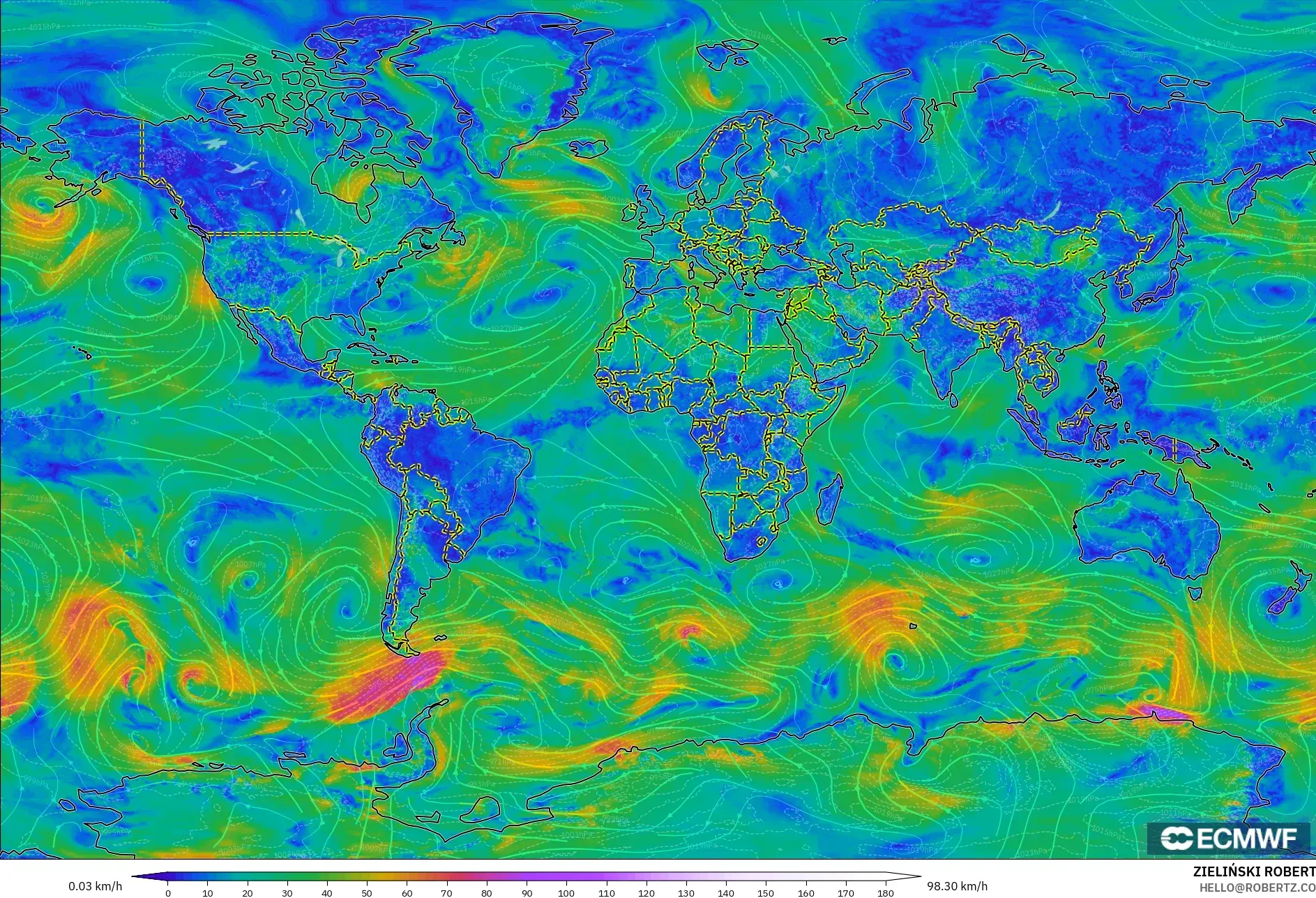ECMWF IFS 0.25° モデル - 世界, 風速（10m）