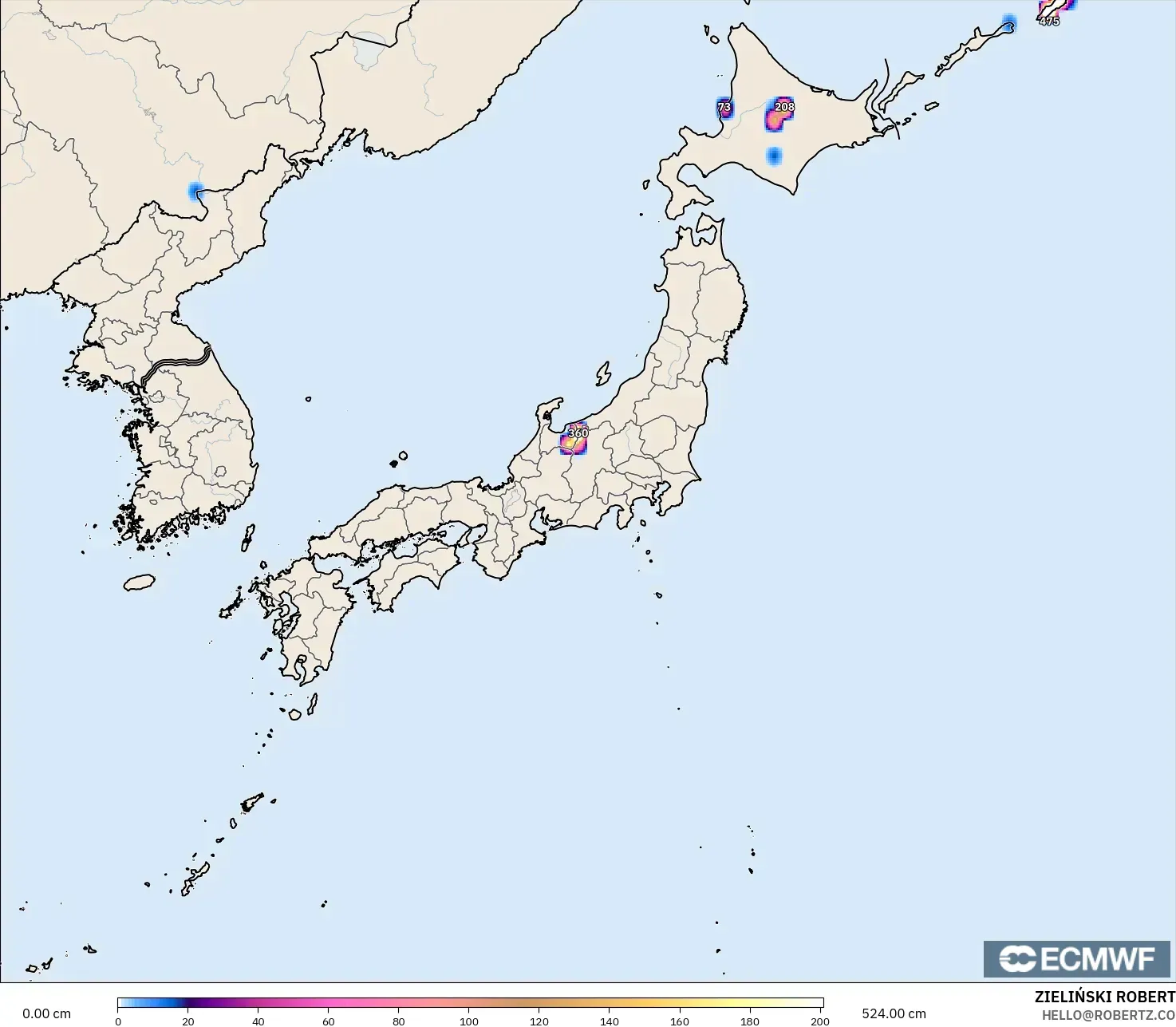 ECMWF IFS 0.25° モデル - 日本, 積雪深