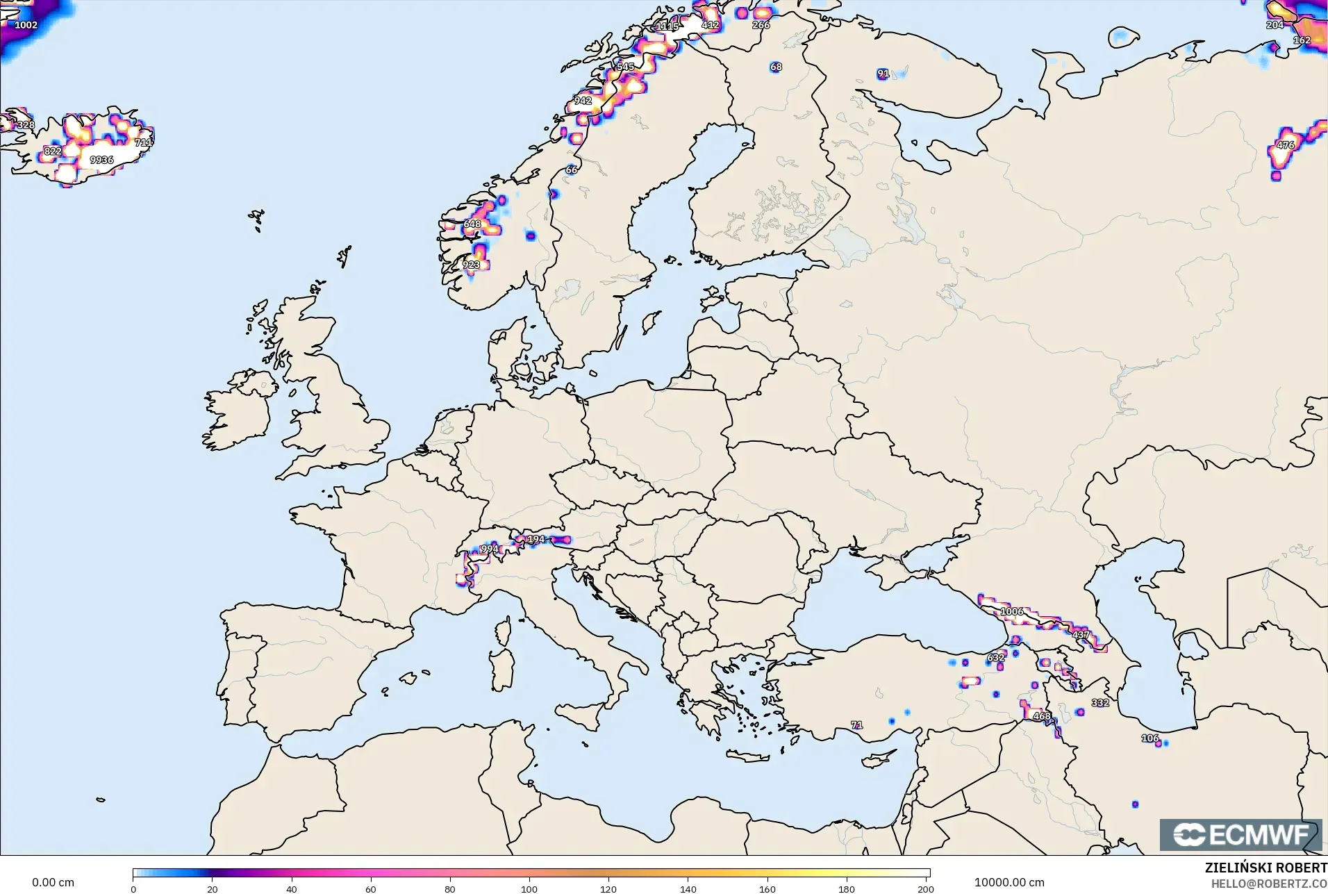 ECMWF IFS 0.25° モデル - ヨーロッパ, 積雪深