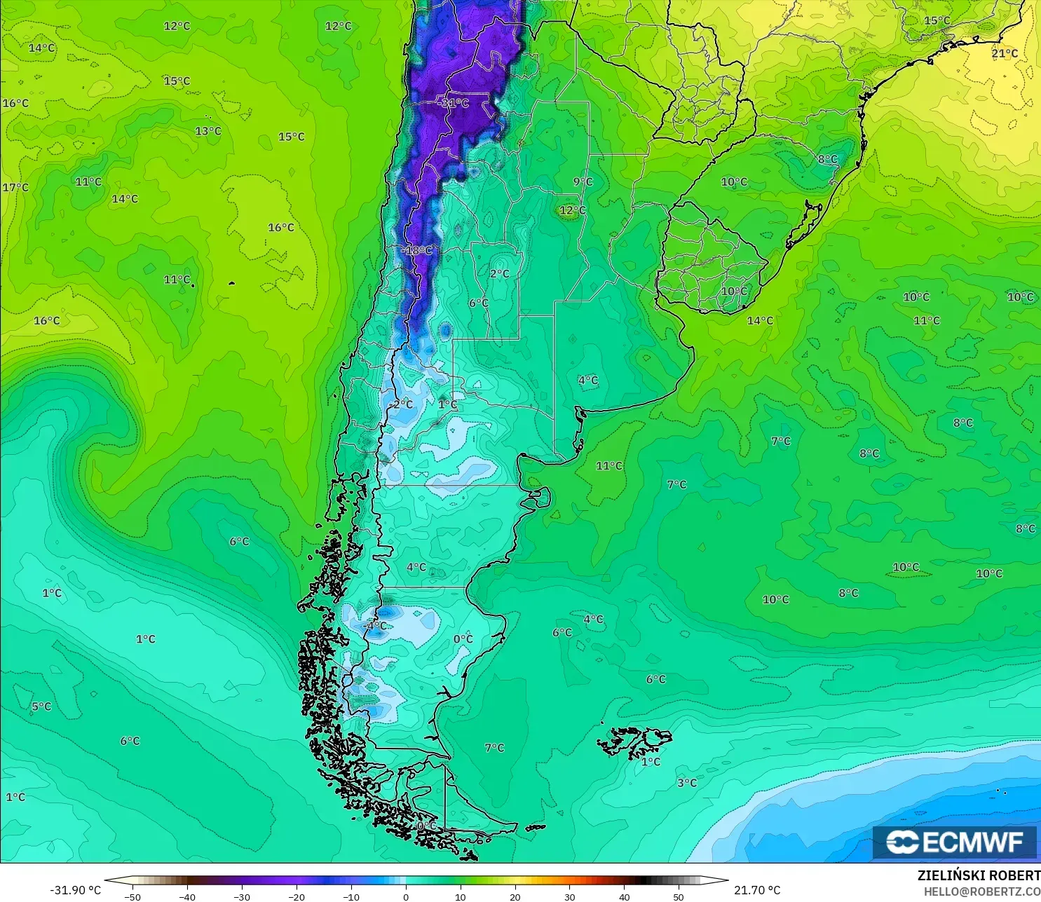 ECMWF IFS 0.25° モデル - アルゼンチン, 露点温度（2m）