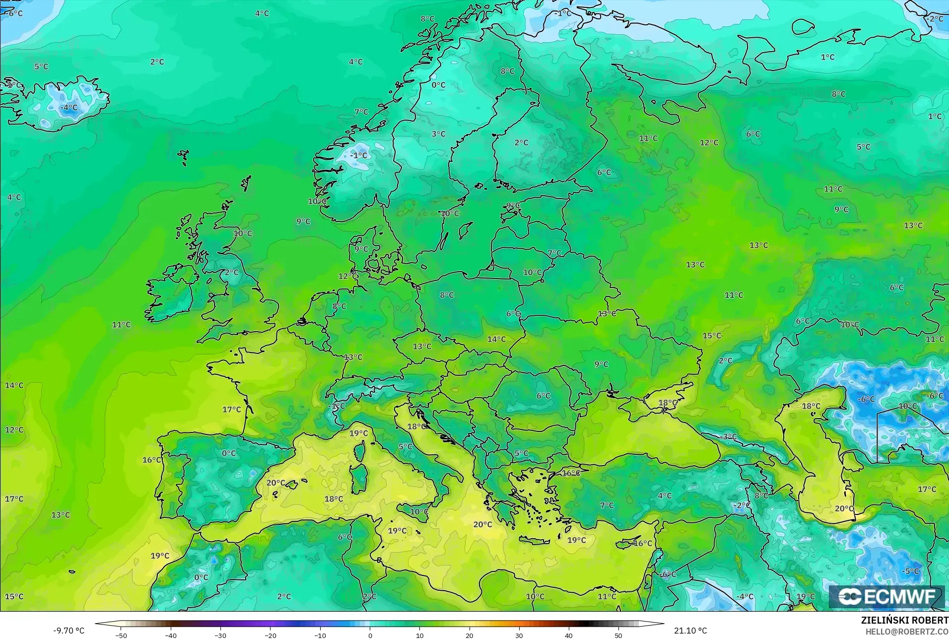 ECMWF IFS 0.25° モデル - ヨーロッパ, 露点温度（2m）