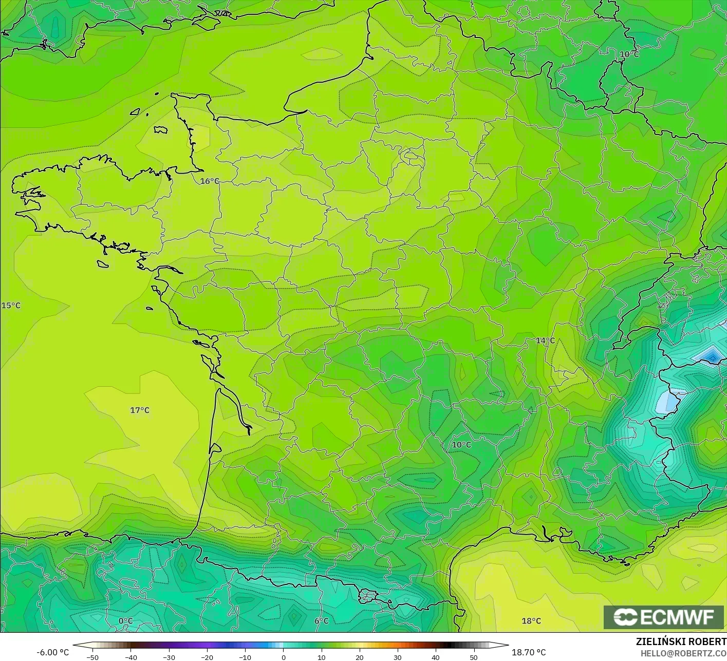 ECMWF IFS 0.25° モデル - フランス, 露点温度（2m）