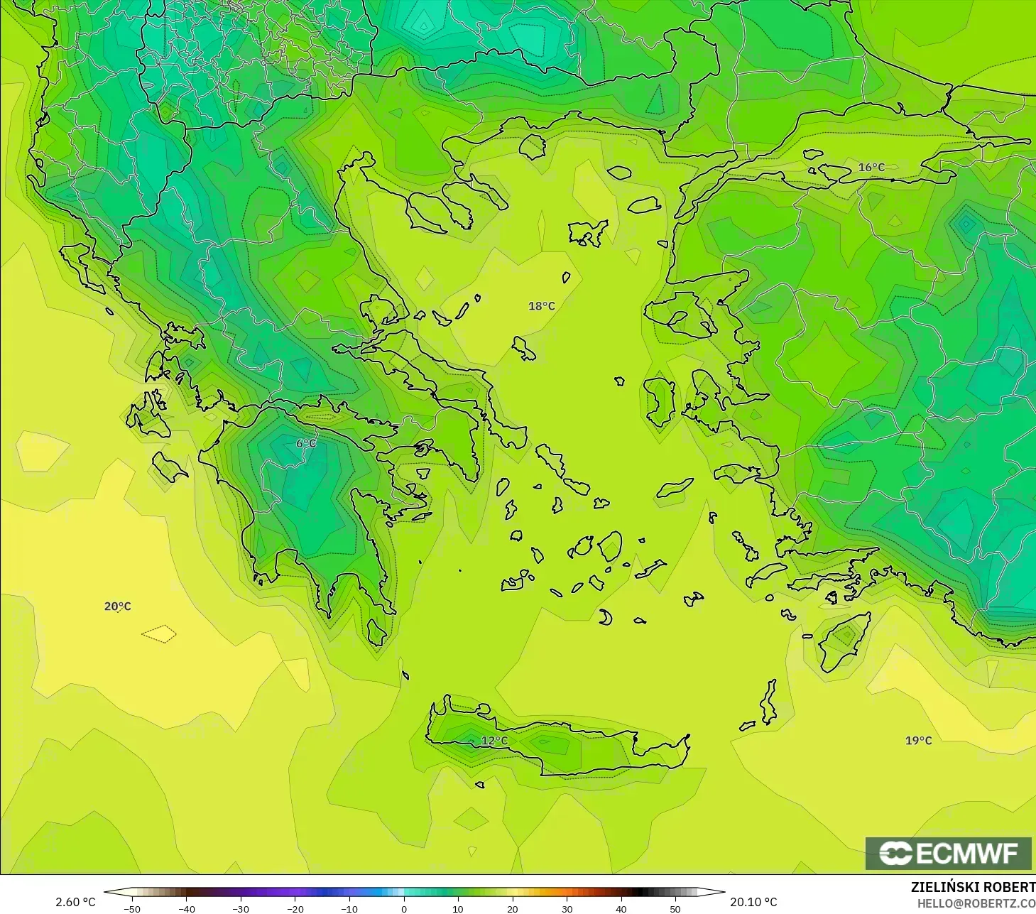 ECMWF IFS 0.25° モデル - ギリシャ, 露点温度（2m）