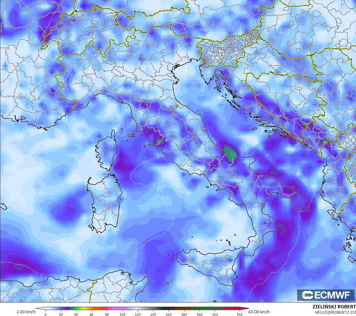 ECMWF IFS 0.25° モデル - イタリア, 突風（最大）