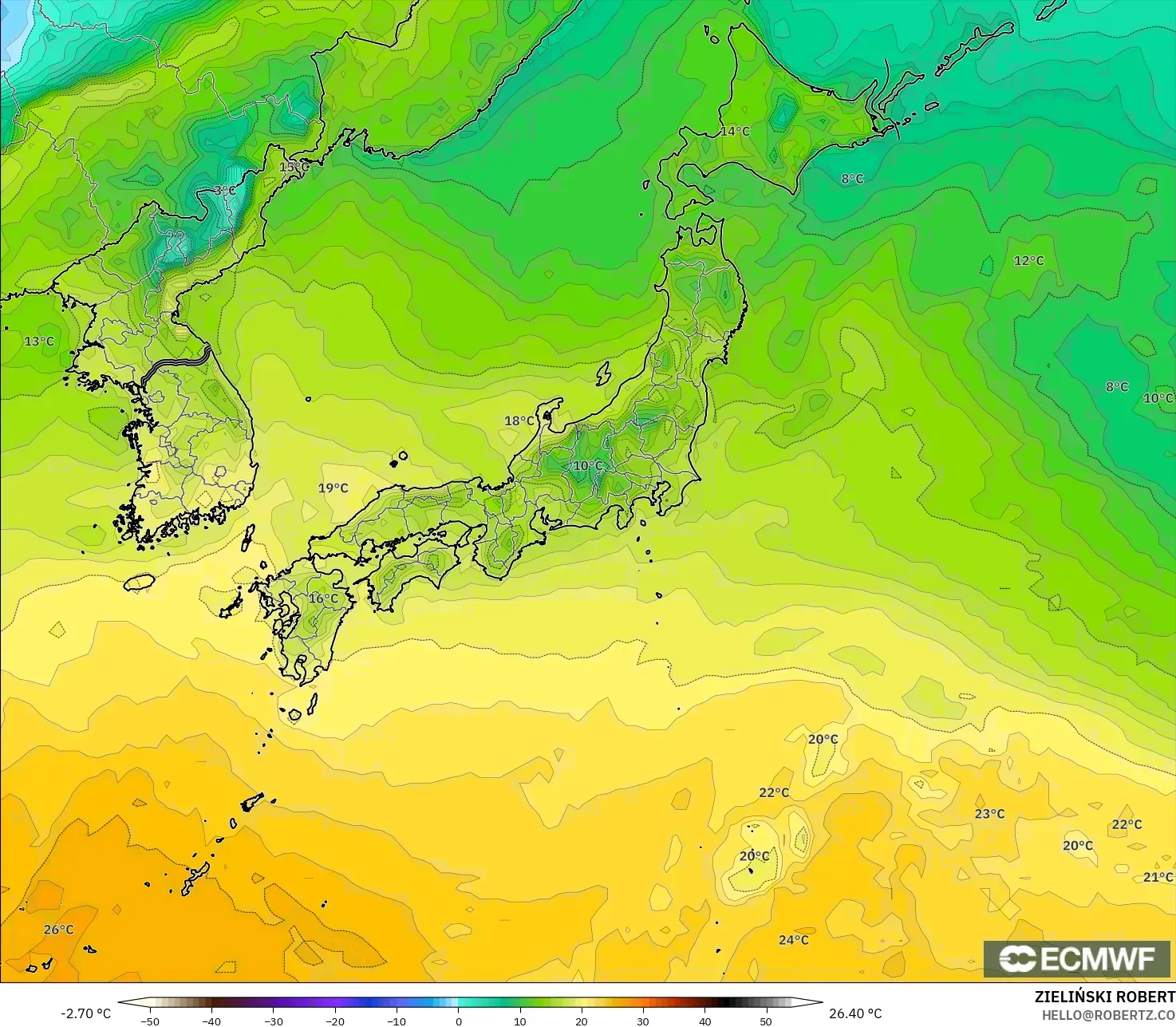 ECMWF IFS 0.25° モデル - 日本, 露点温度（2m）