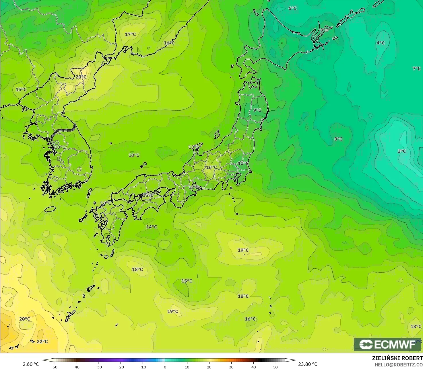 ECMWF IFS 0.25° モデル - 日本, 気温（850hPa）