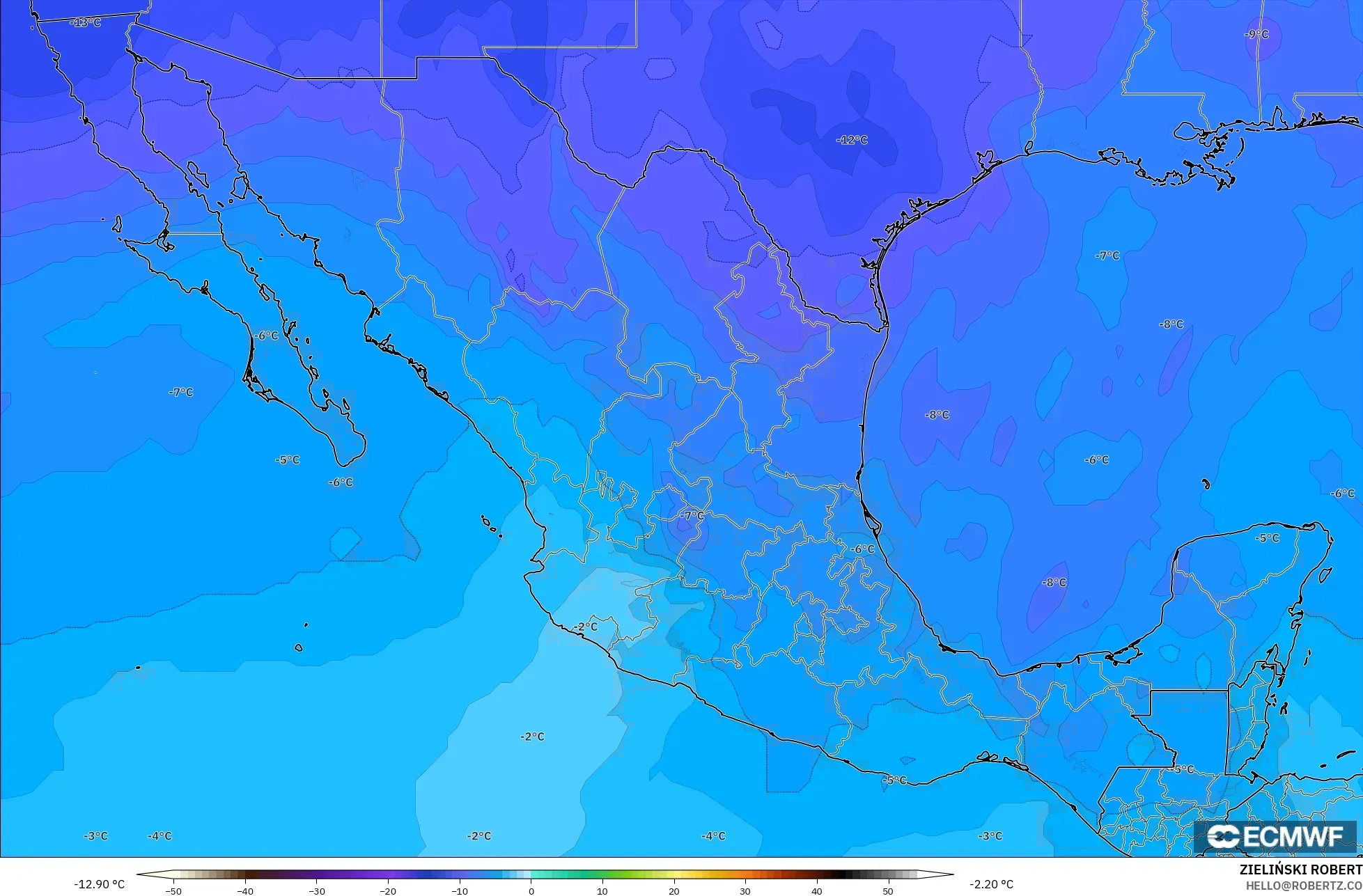 ECMWF IFS 0.25° モデル - メキシコ, 気温（500hPa）