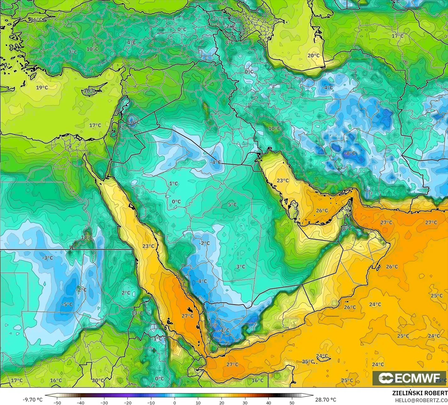 ECMWF IFS 0.25° モデル - 中東, 露点温度（2m）