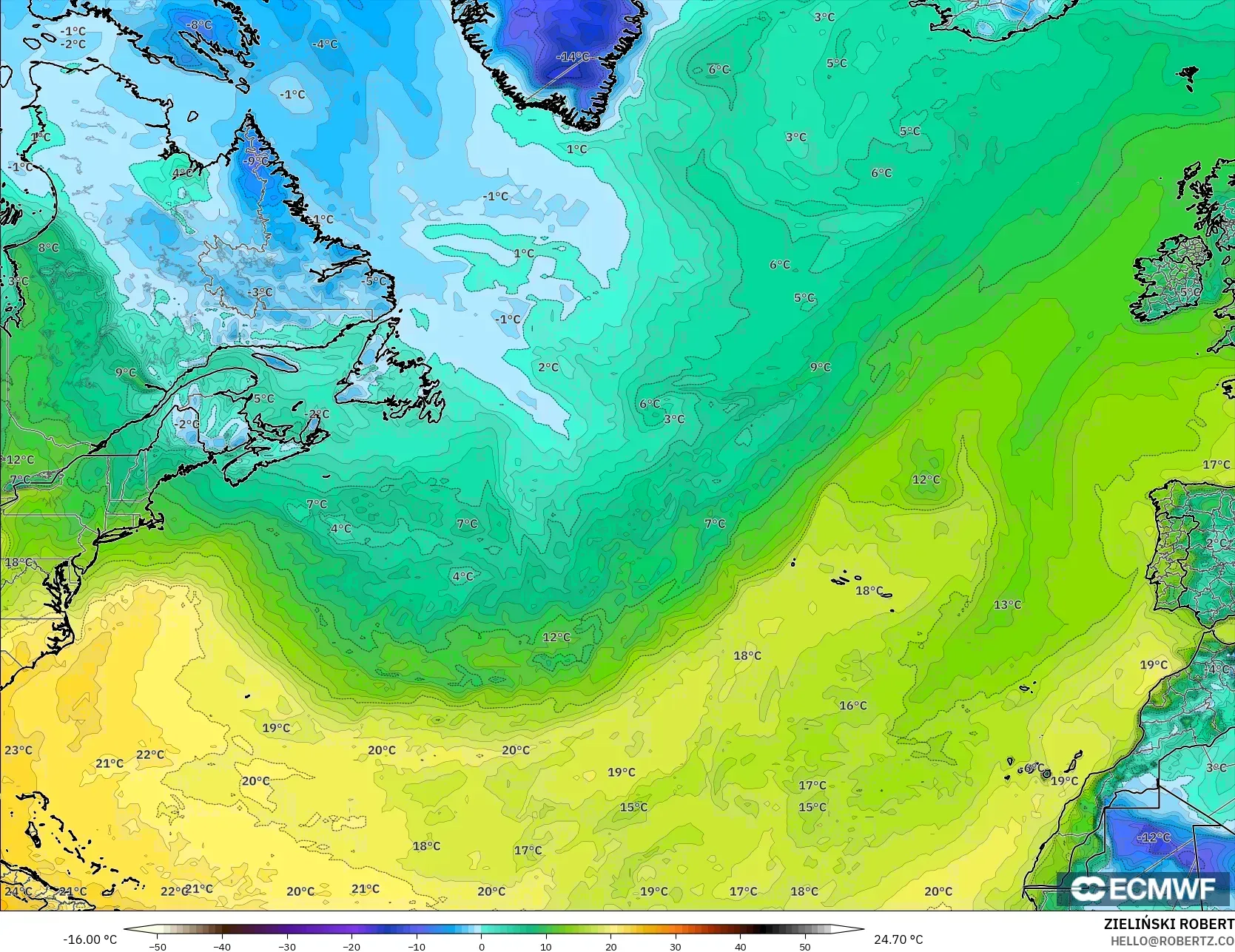 ECMWF IFS 0.25° モデル - 北大西洋, 露点温度（2m）