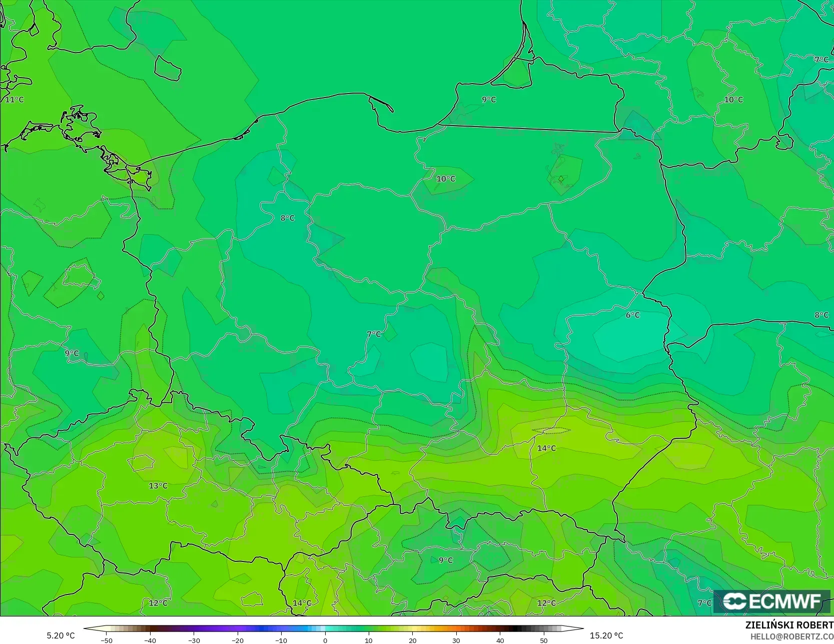 ECMWF IFS 0.25° モデル - ポーランド, 露点温度（2m）