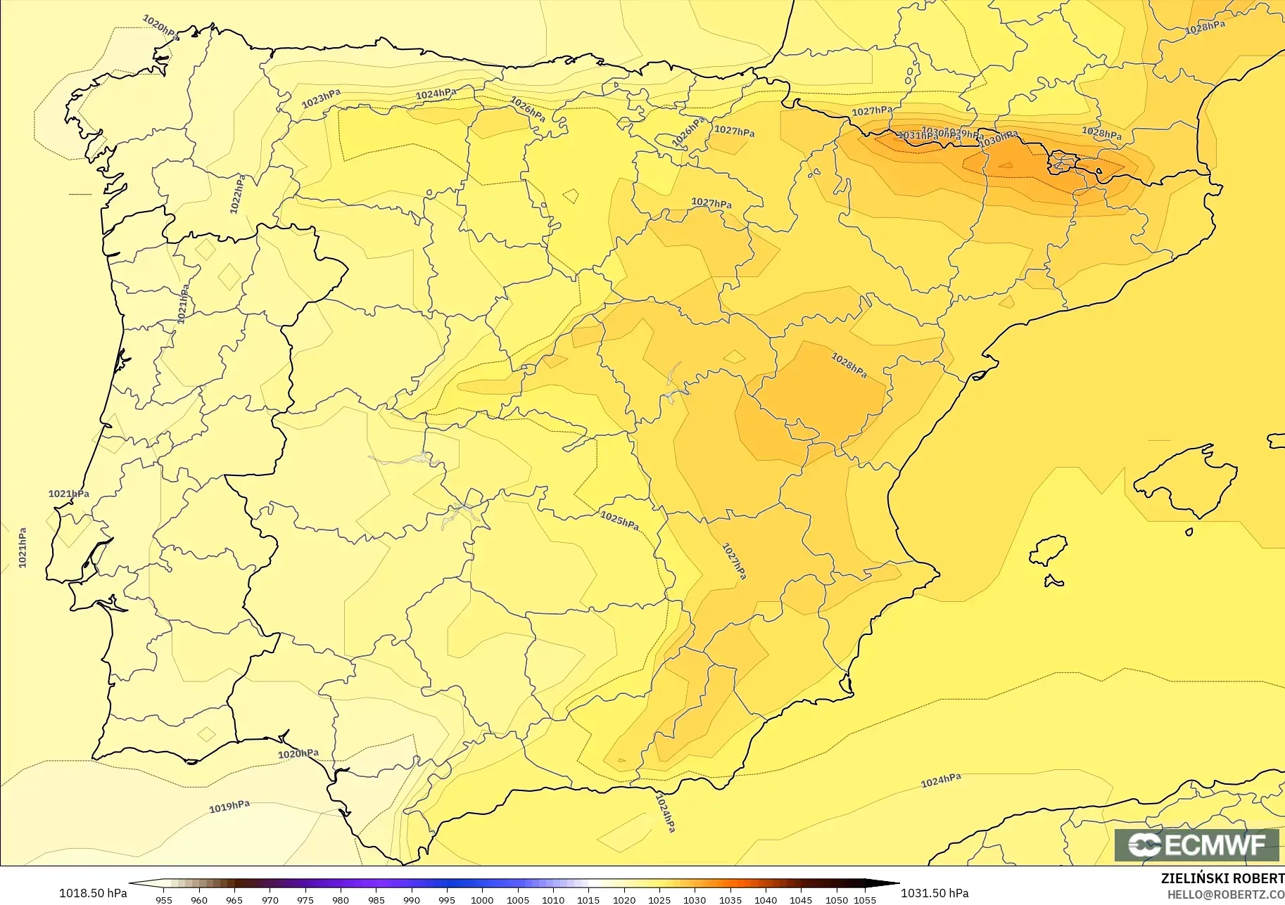 ECMWF IFS 0.25° モデル - スペイン, 気圧