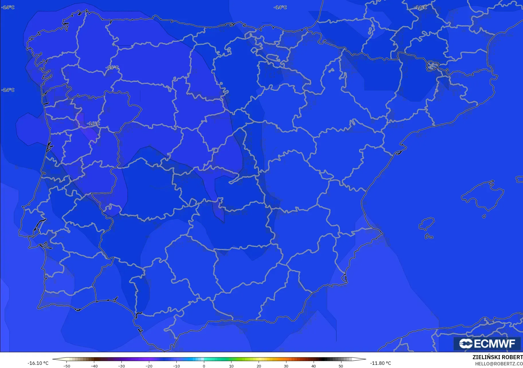 ECMWF IFS 0.25° モデル - スペイン, 気温（500hPa）