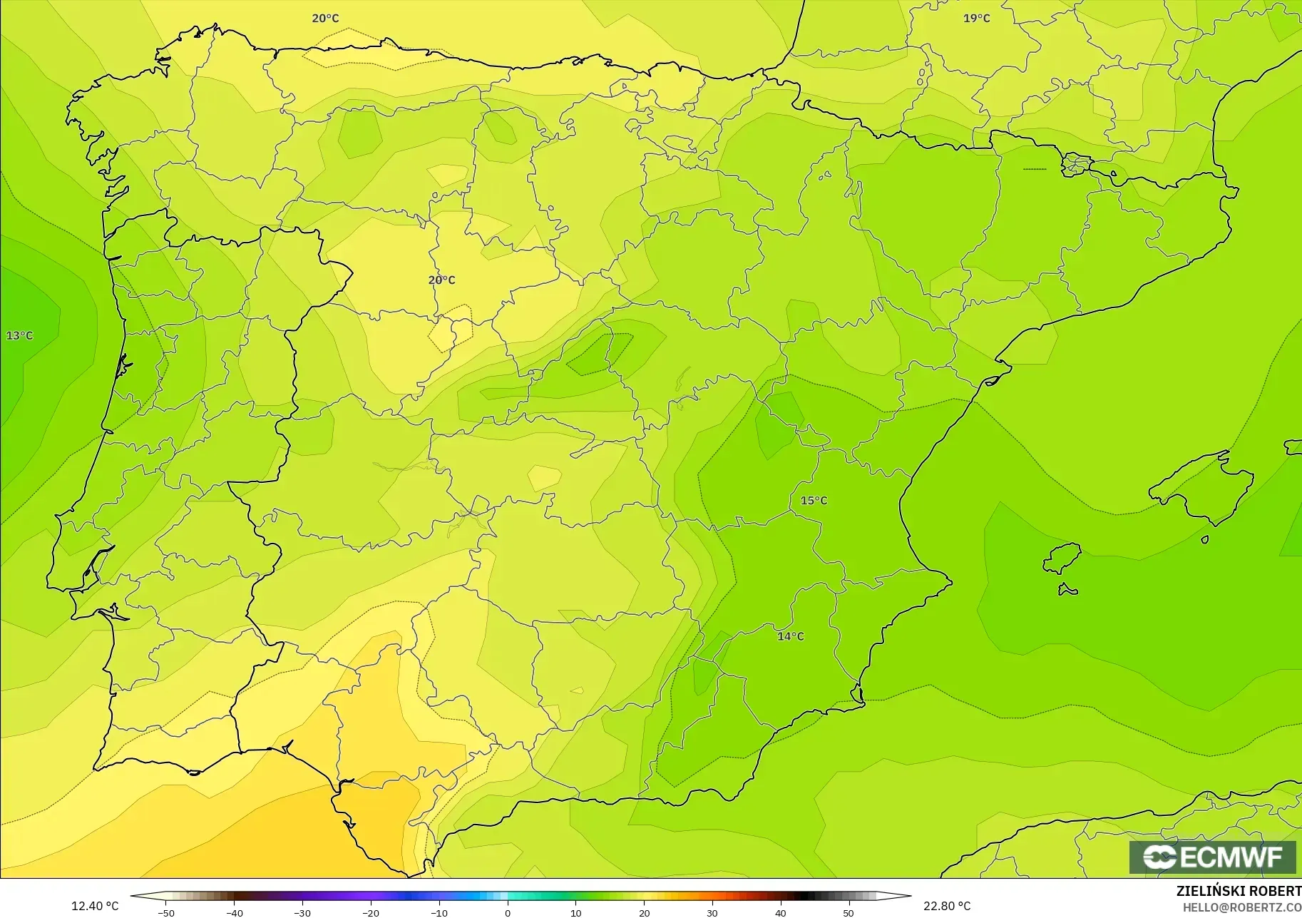 ECMWF IFS 0.25° モデル - スペイン, 気温（850hPa）