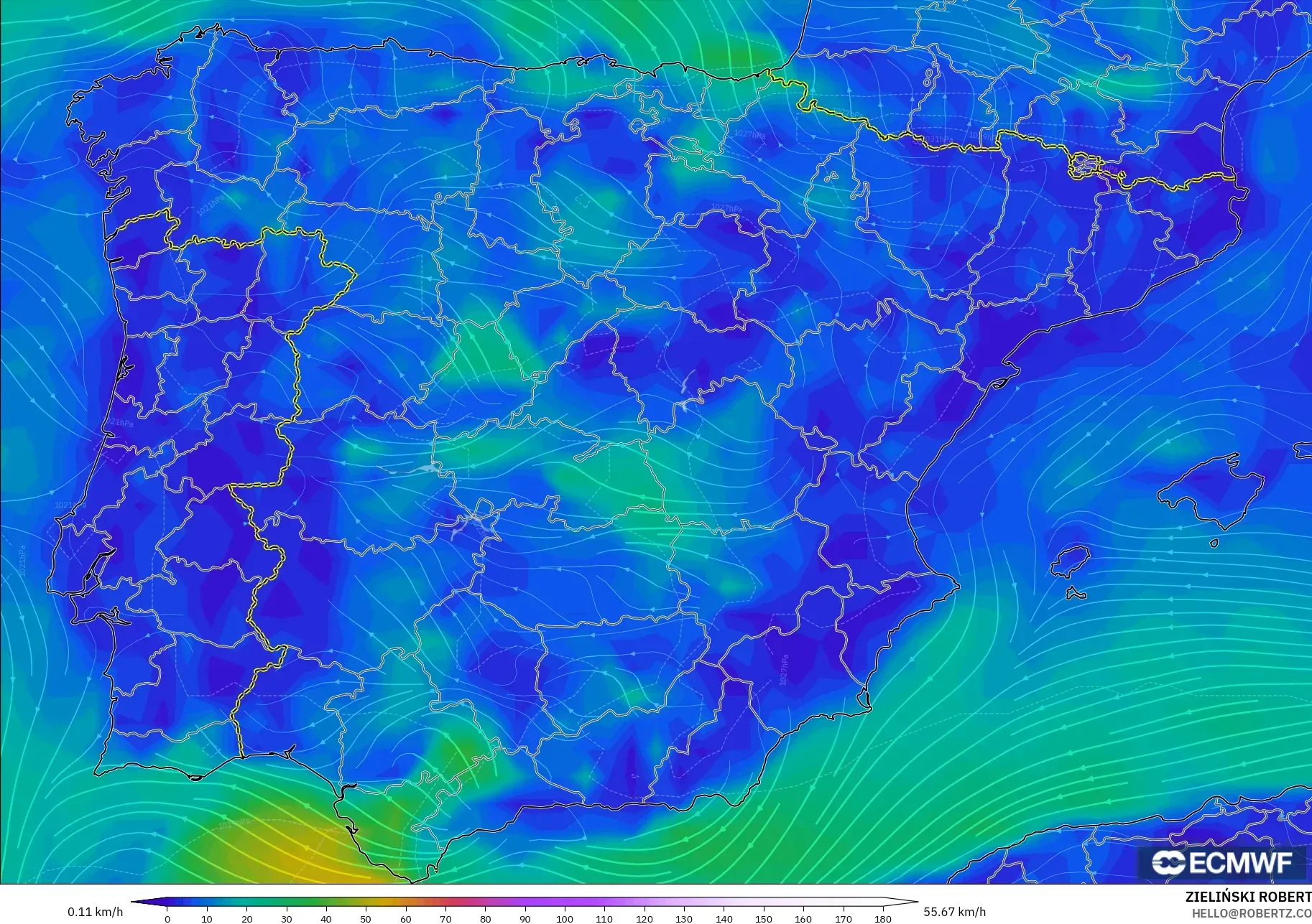 ECMWF IFS 0.25° モデル - スペイン, 風速（10m）