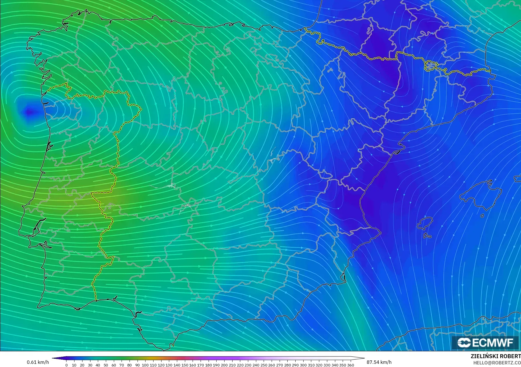 ECMWF IFS 0.25° モデル - スペイン, 風速（300hPa）