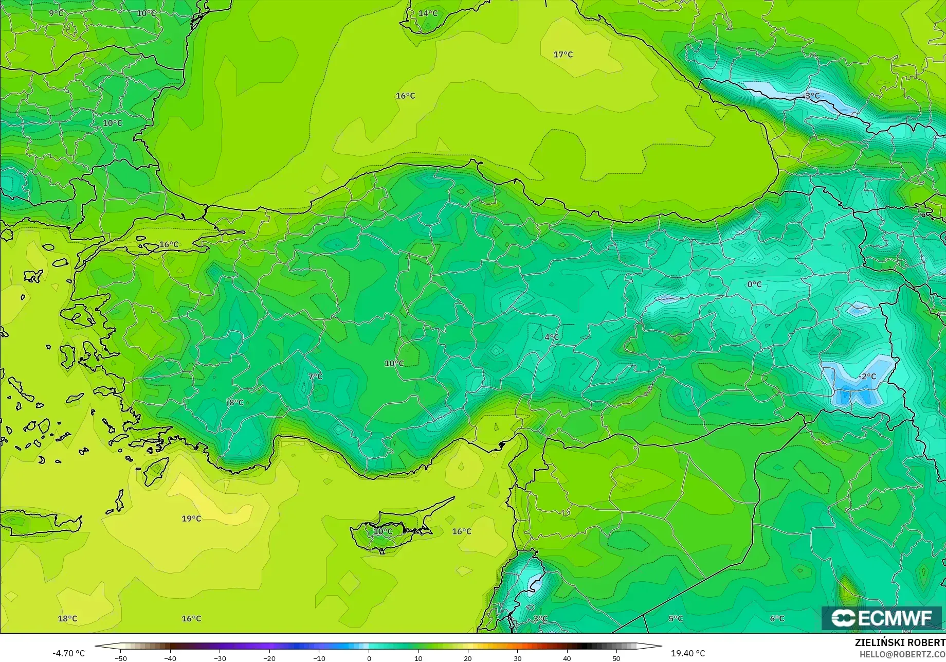 ECMWF IFS 0.25° モデル - トルコ, 露点温度（2m）