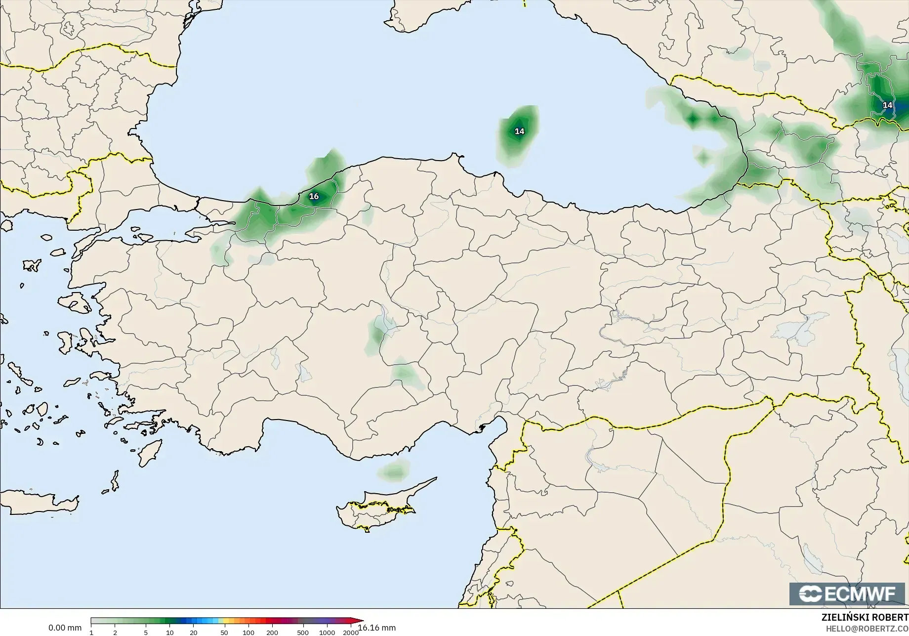 ECMWF IFS 0.25° モデル - トルコ, 降水量の合計