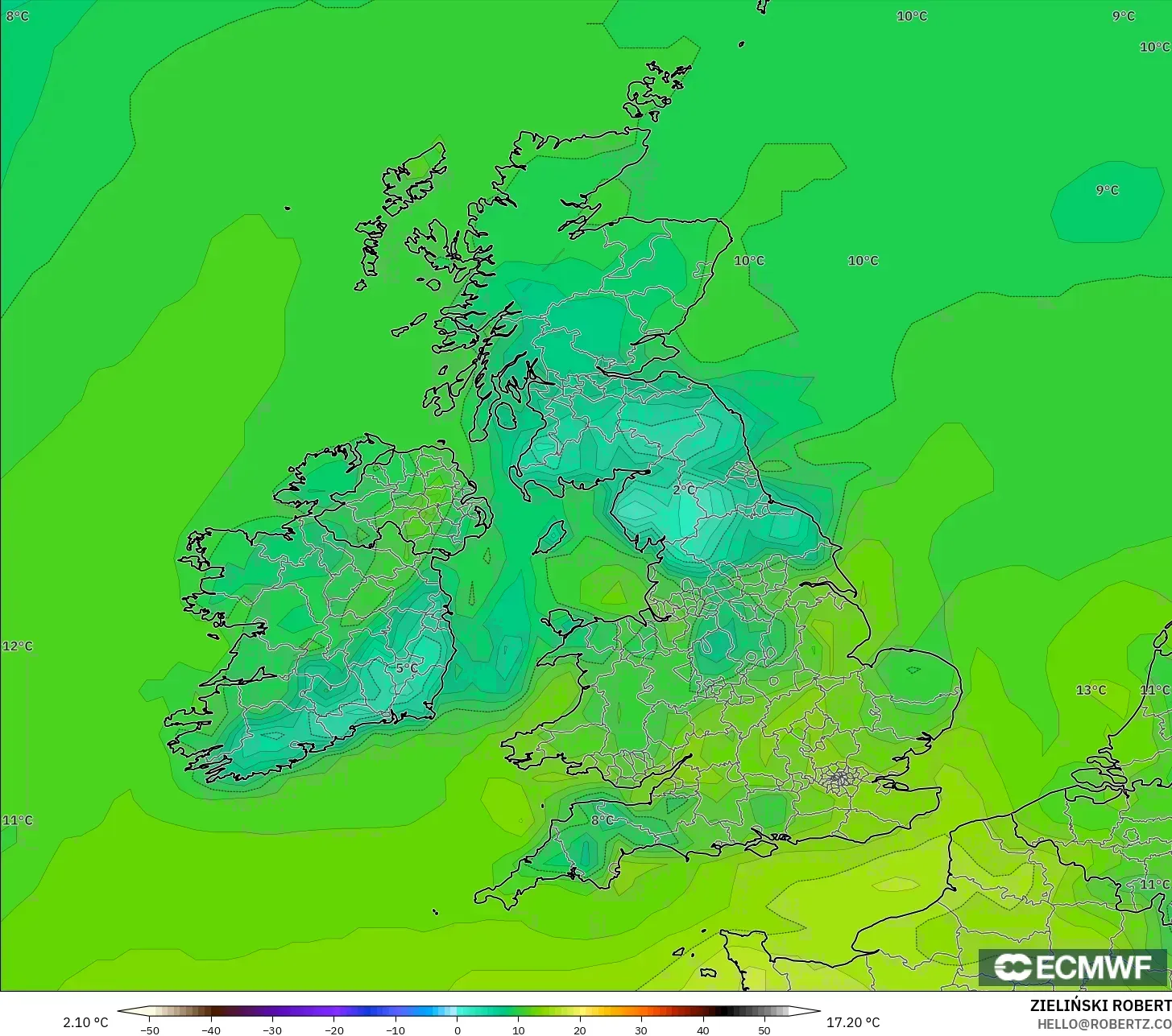 ECMWF IFS 0.25° モデル - イギリス, 露点温度（2m）
