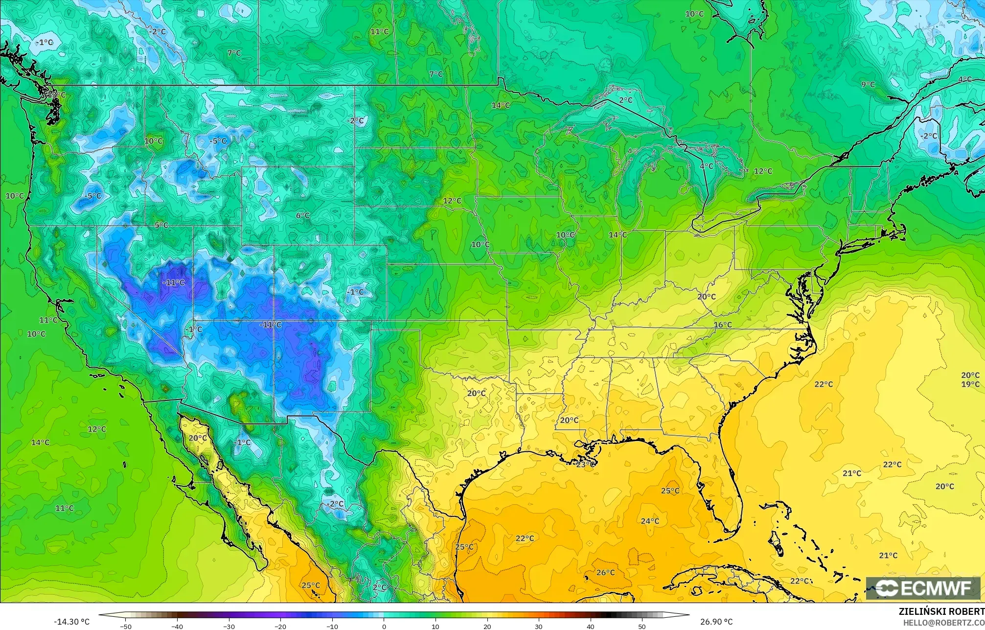ECMWF IFS 0.25° モデル - アメリカ合衆国, 露点温度（2m）
