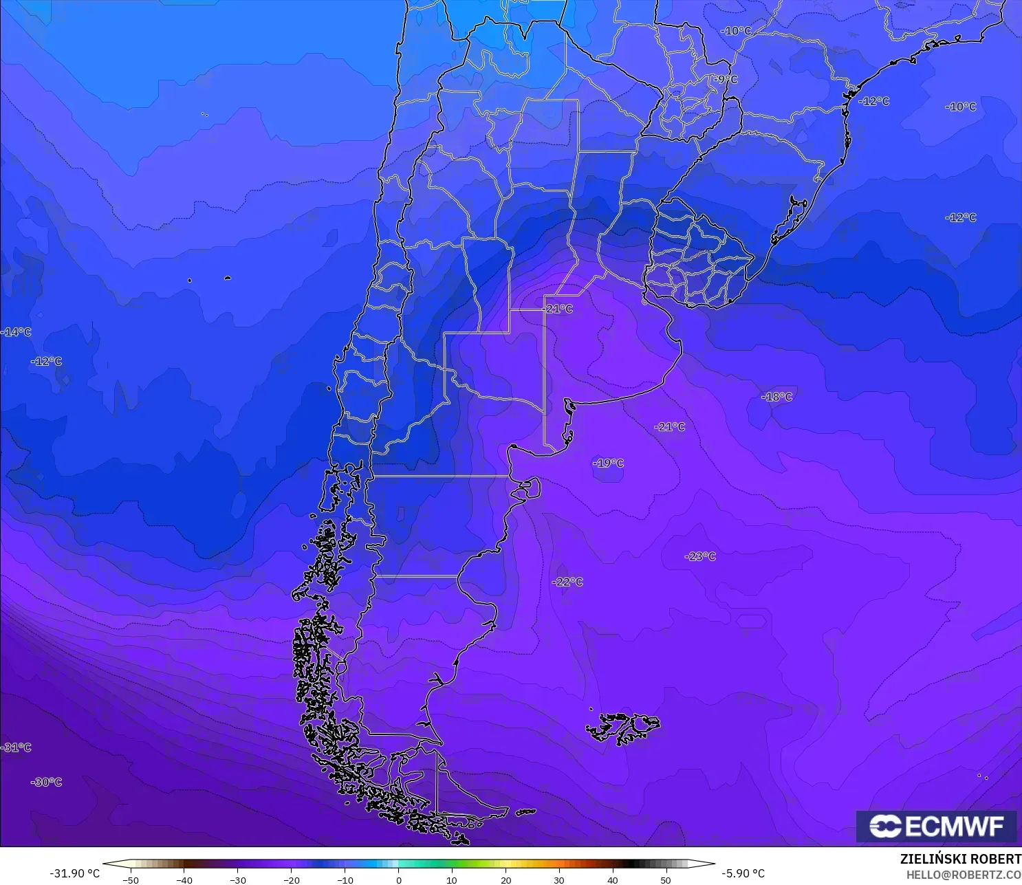 ECMWF IFS 0.25° モデル - アルゼンチン, 気温（500hPa）