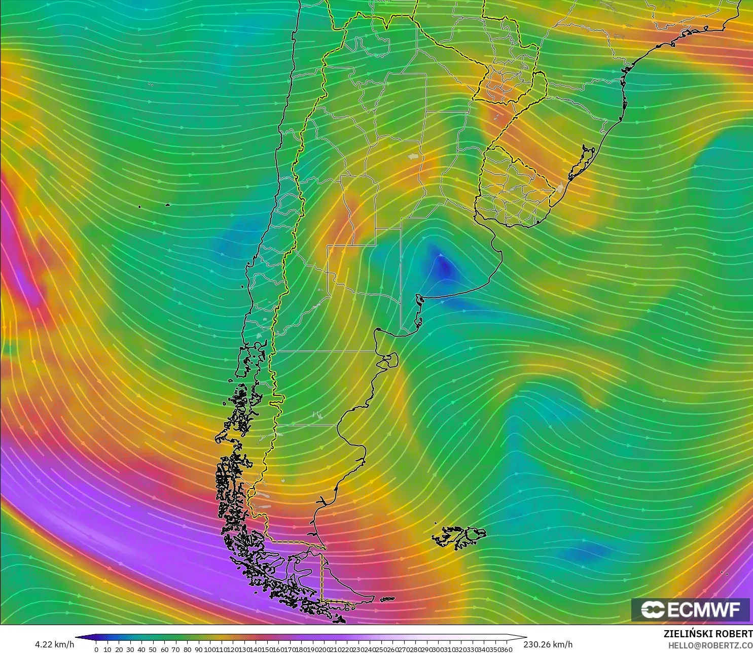 ECMWF IFS 0.25° モデル - アルゼンチン, 風速（300hPa）