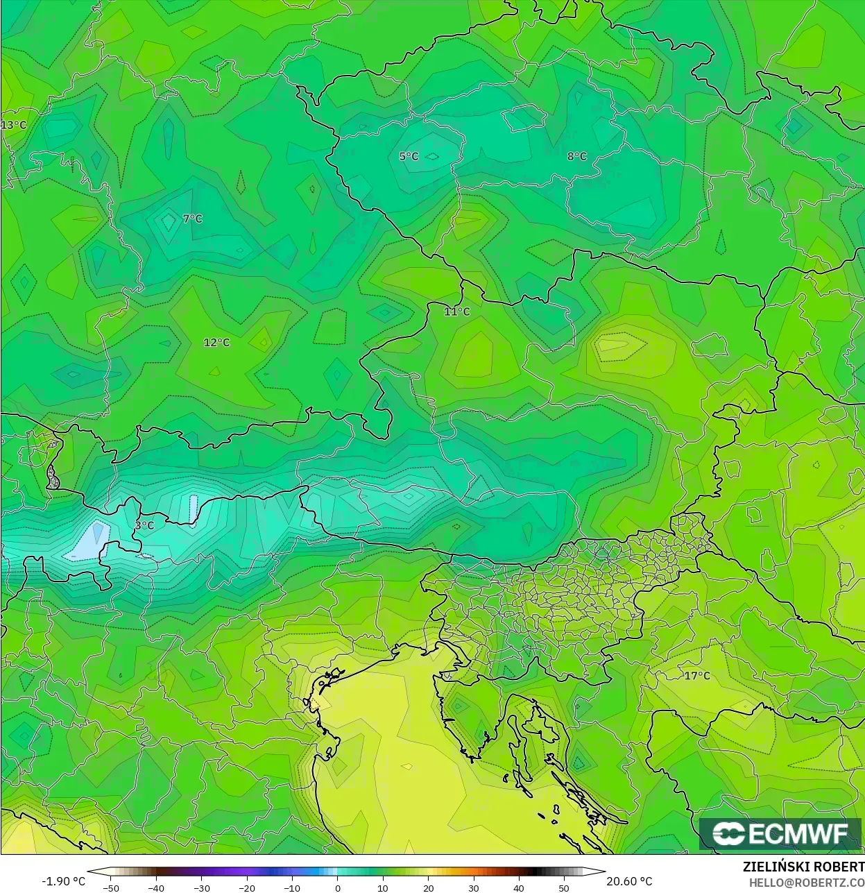 ECMWF IFS 0.25° モデル - オーストリア, 露点温度（2m）