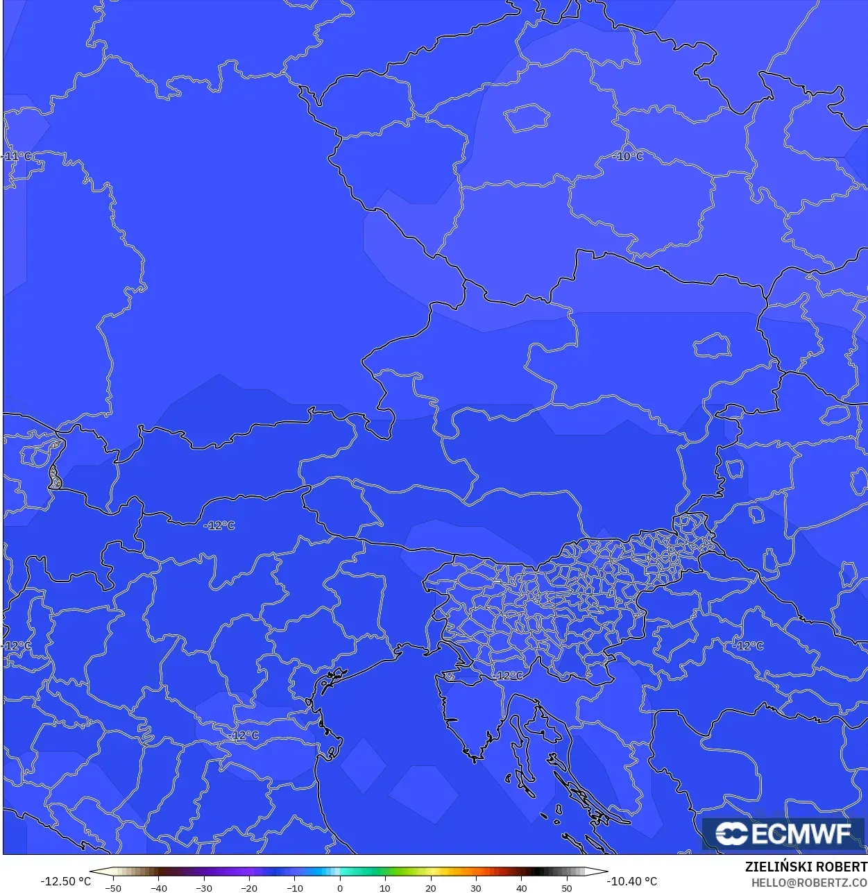 ECMWF IFS 0.25° モデル - オーストリア, 気温（500hPa）