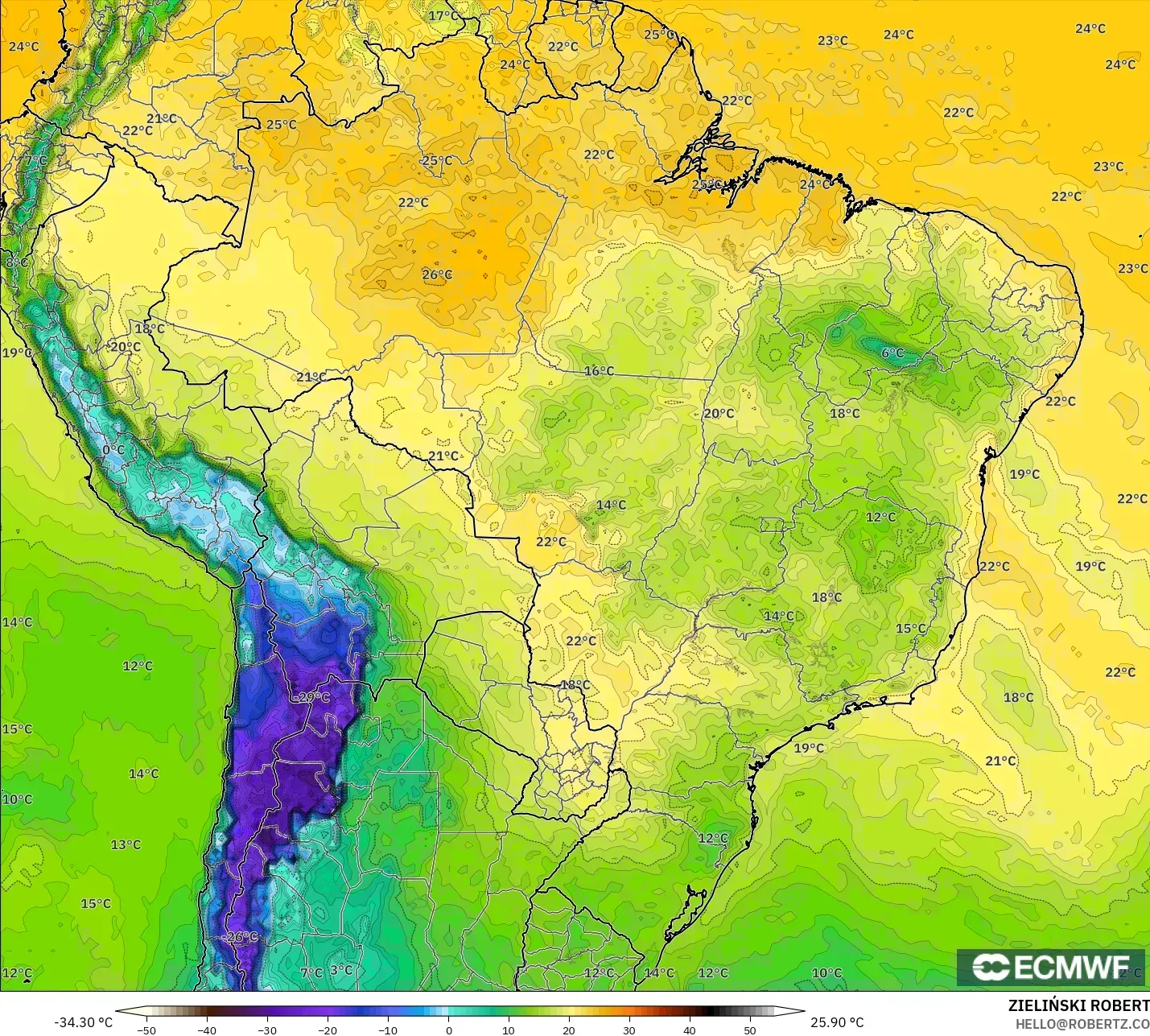 ECMWF IFS 0.25° モデル - ブラジル, 露点温度（2m）