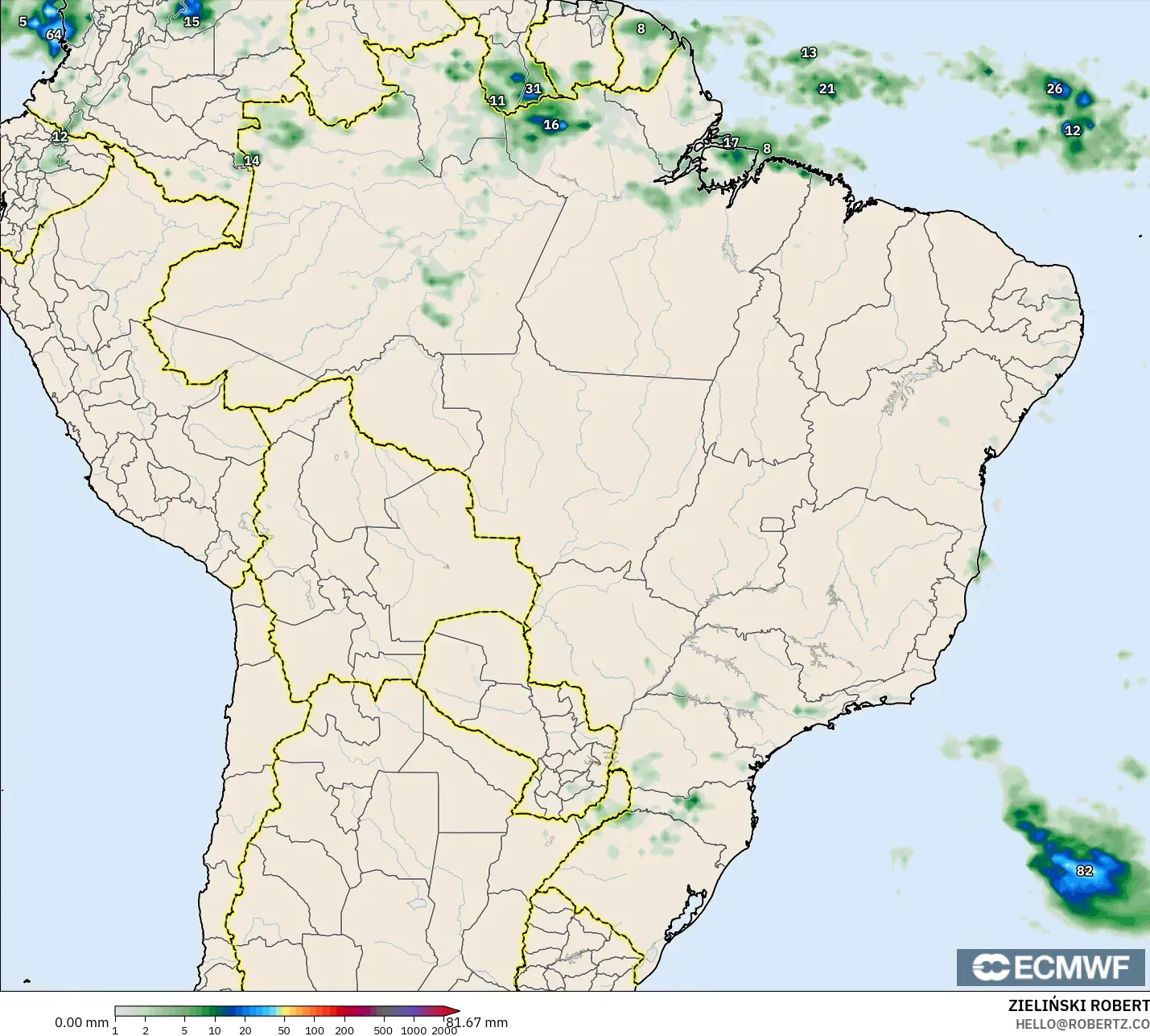 ECMWF IFS 0.25° モデル - ブラジル, 降水量の合計