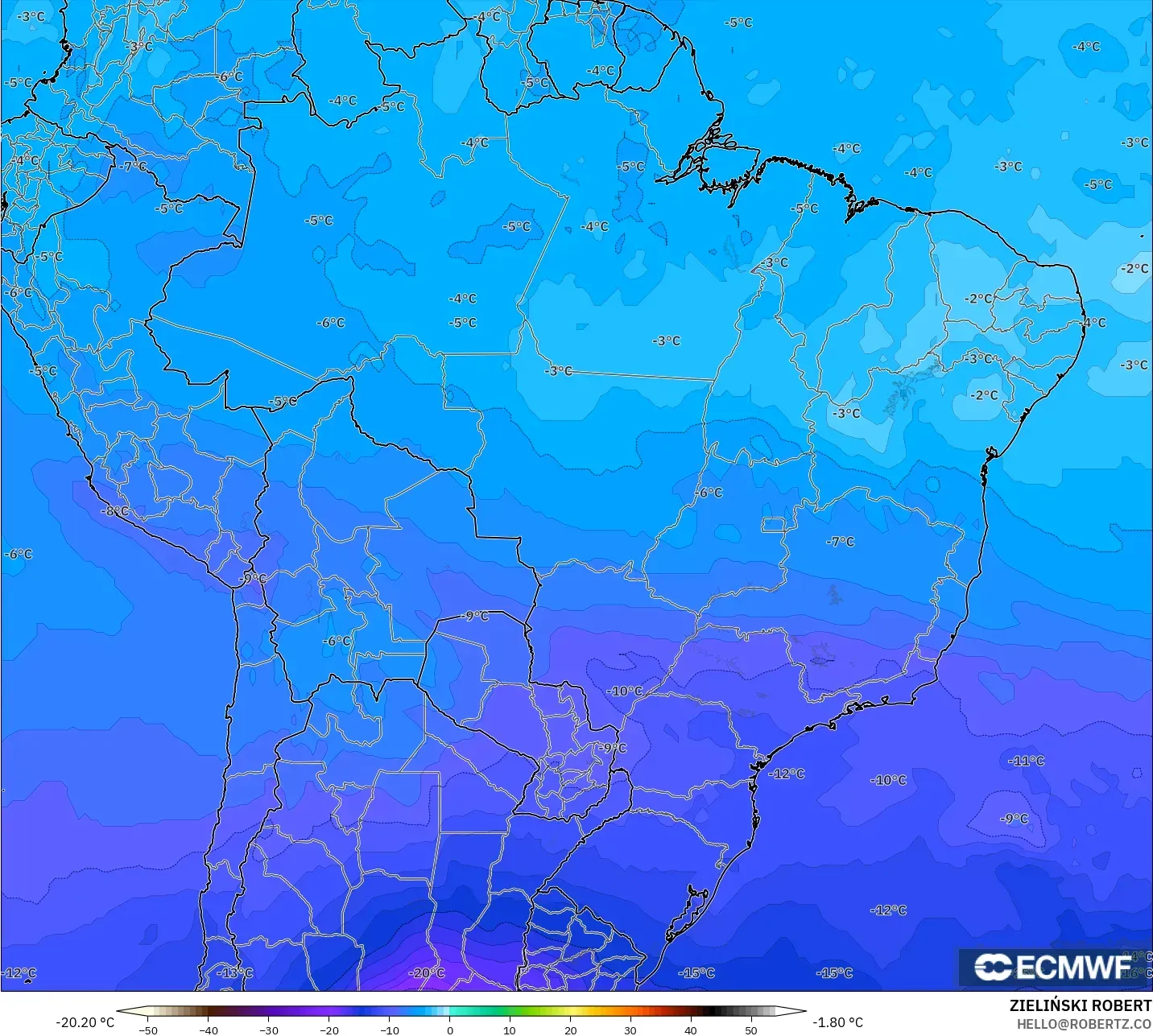 ECMWF IFS 0.25° モデル - ブラジル, 気温（500hPa）
